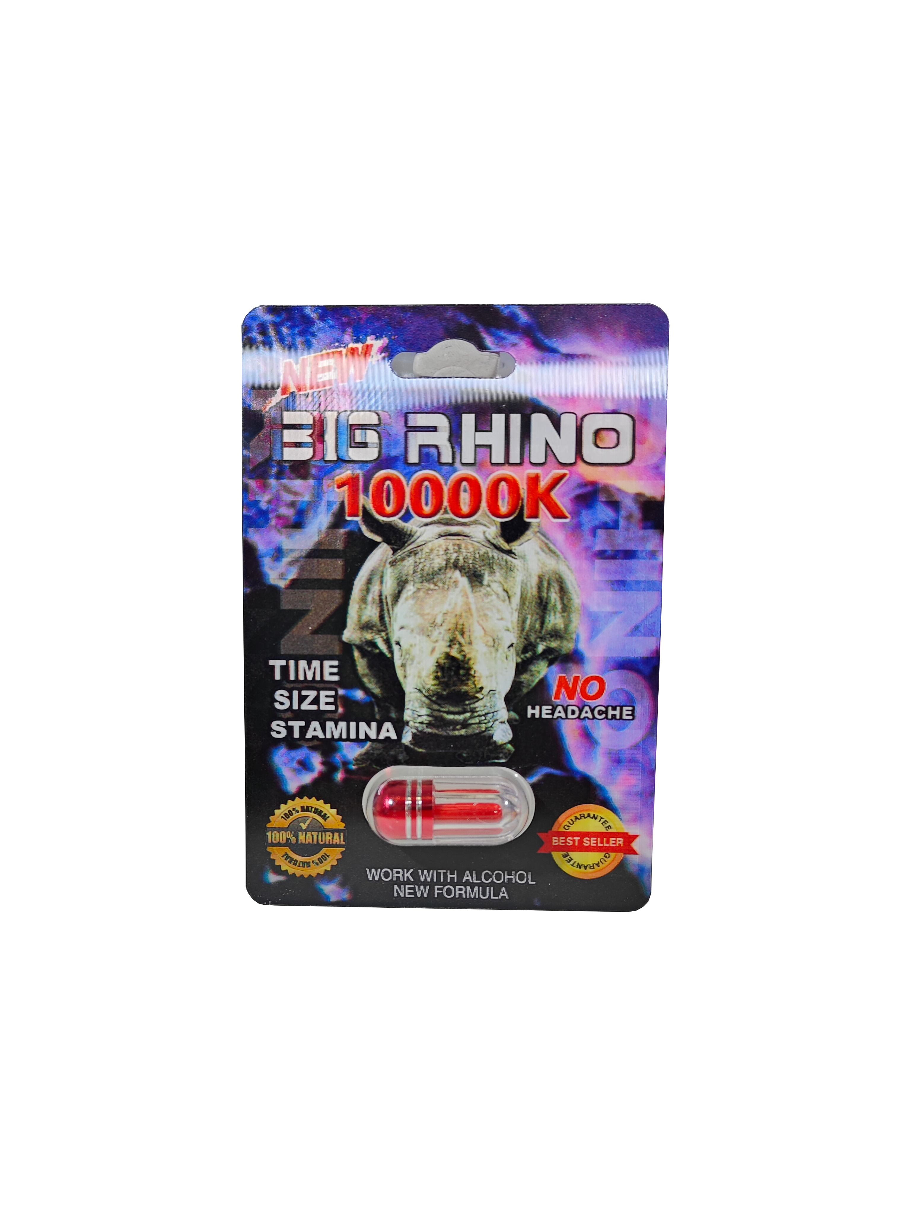 Single capsule pack of Big Rhino 10000K, a male enhancement supplement pill.