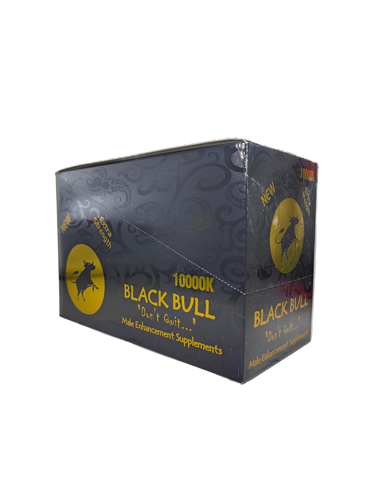 Front view of Black Bull 10000K Duo display box, a male stamina enhancement supplement in pill form.