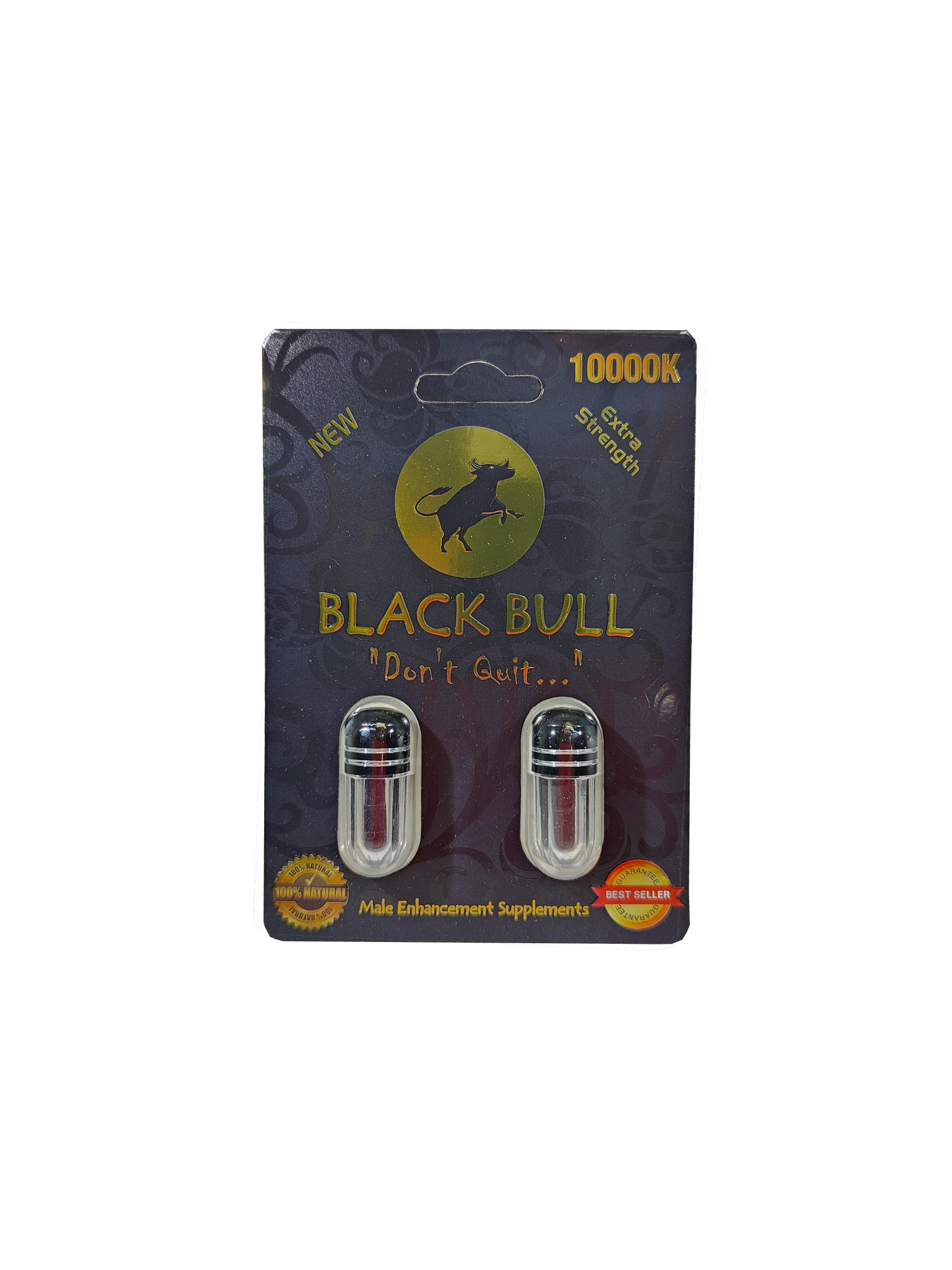 Double capsule packet of Black Bull 10000K, a male stamina enhancement supplement pill.