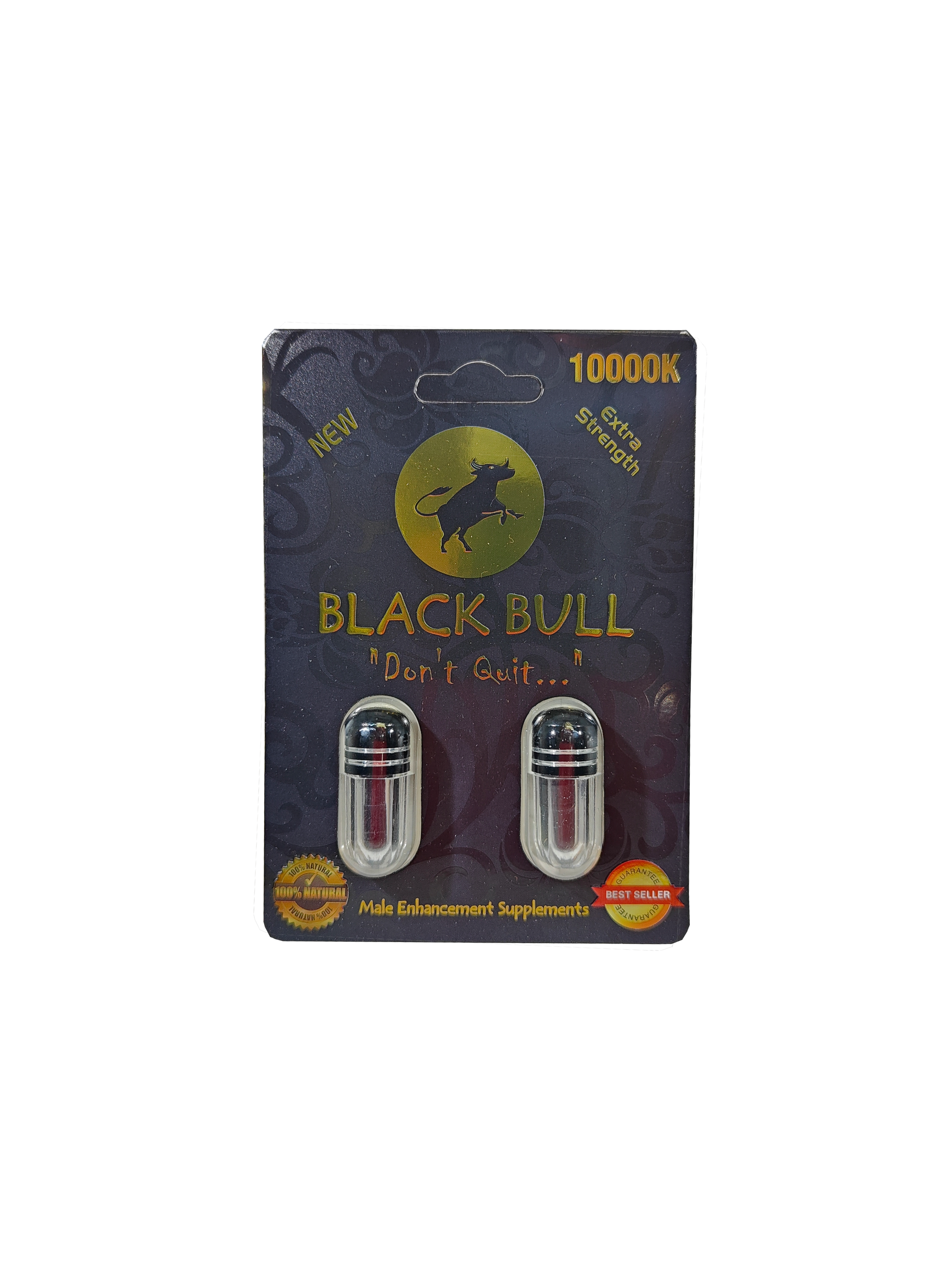 Double capsule packet of Black Bull 10000K, a male stamina enhancement supplement pill.