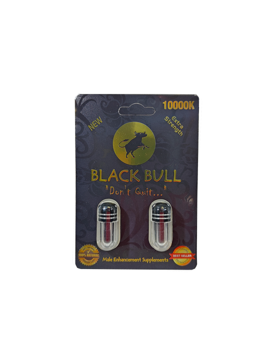 Double capsule packet of Black Bull 10000K, a male stamina enhancement supplement pill.