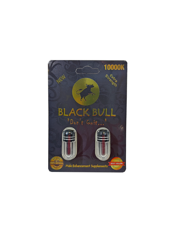 Double capsule packet of Black Bull 10000K, a male stamina enhancement supplement pill.