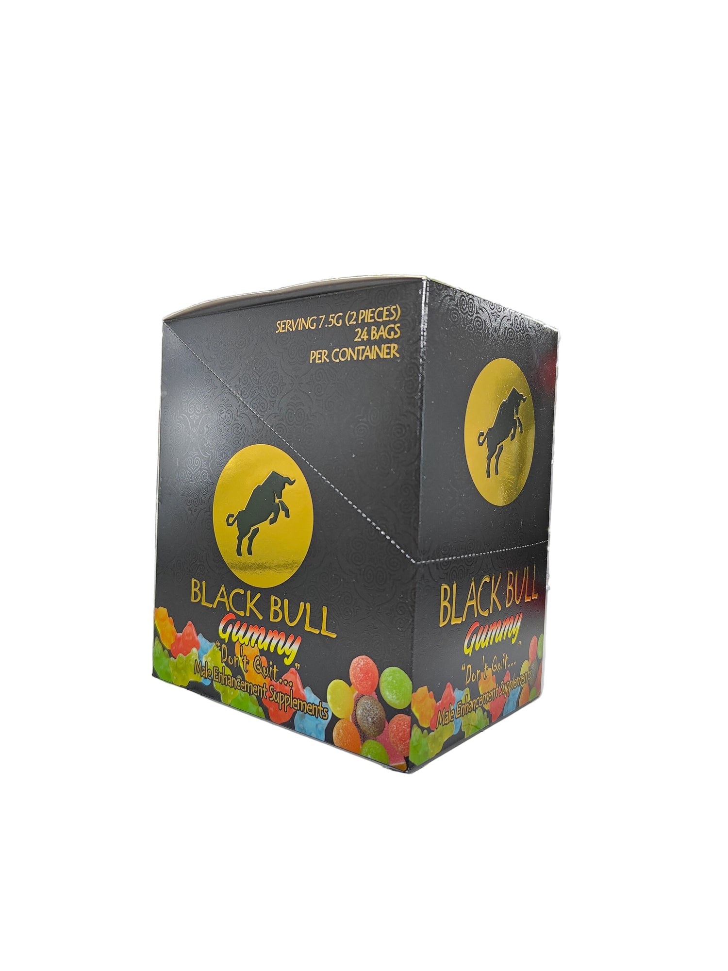 Front view of Black Bull Gummy display box. A male enhancement supplement in the form of a gummy.