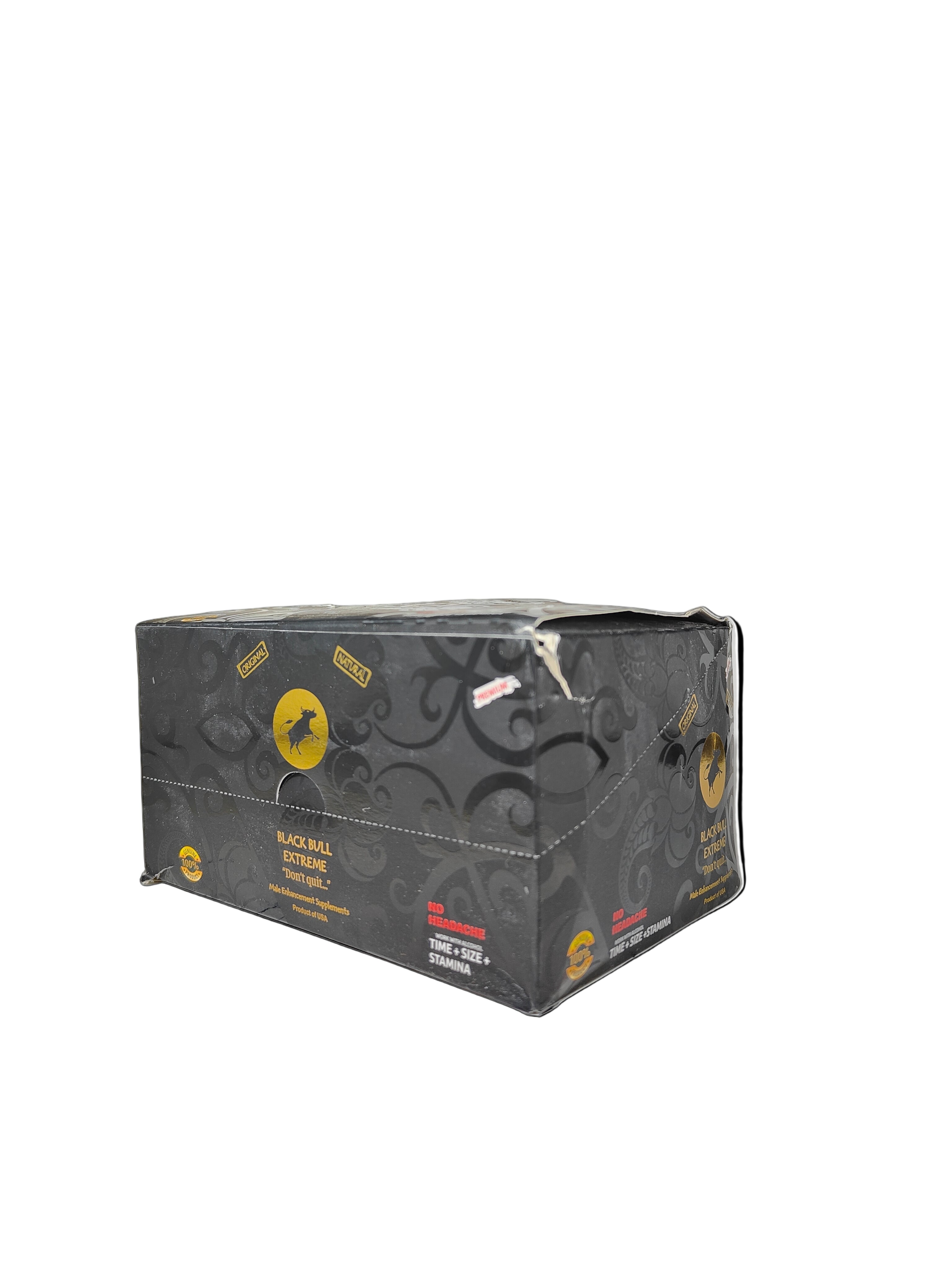 Front view of Black Bull Shots, a display box of premium male enhancement supplements.