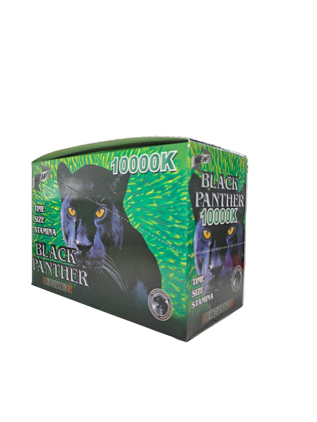 Front view of Black Panther 10000K display box, a male stamina enhancement supplement in pill form.