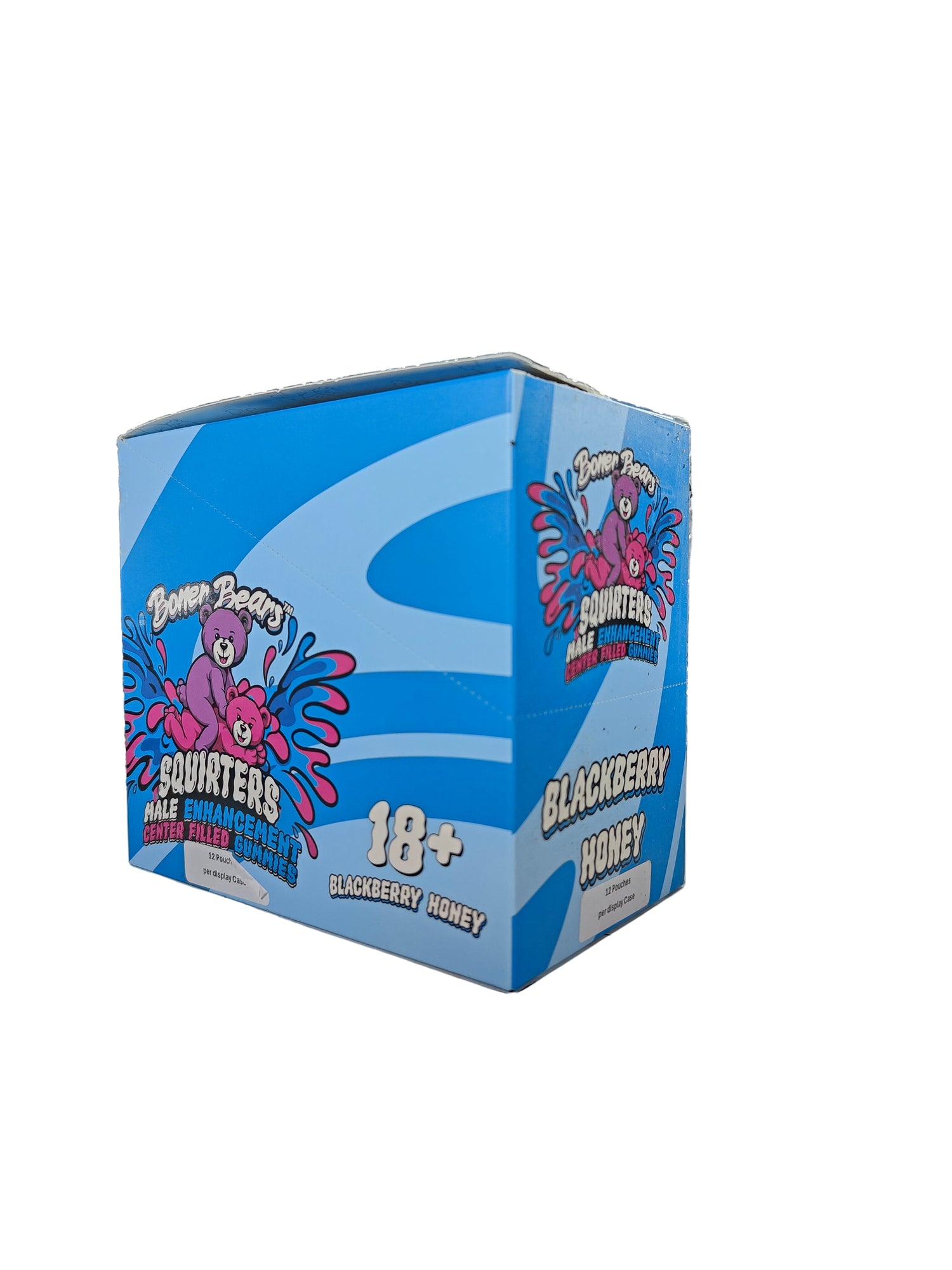 Front view of Boner Bears Squirters Gummies. A display box of black berry honey flavored male enhancement center filled gummies.