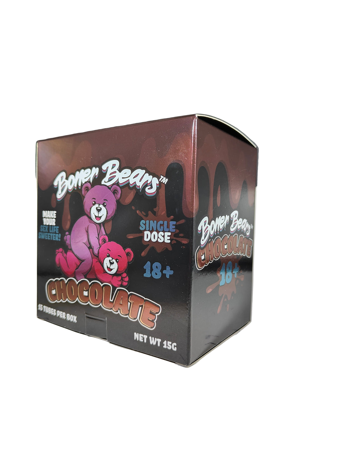 Front view of Boner Bears Chocolate display box, a premium stamina and energy enhancement.