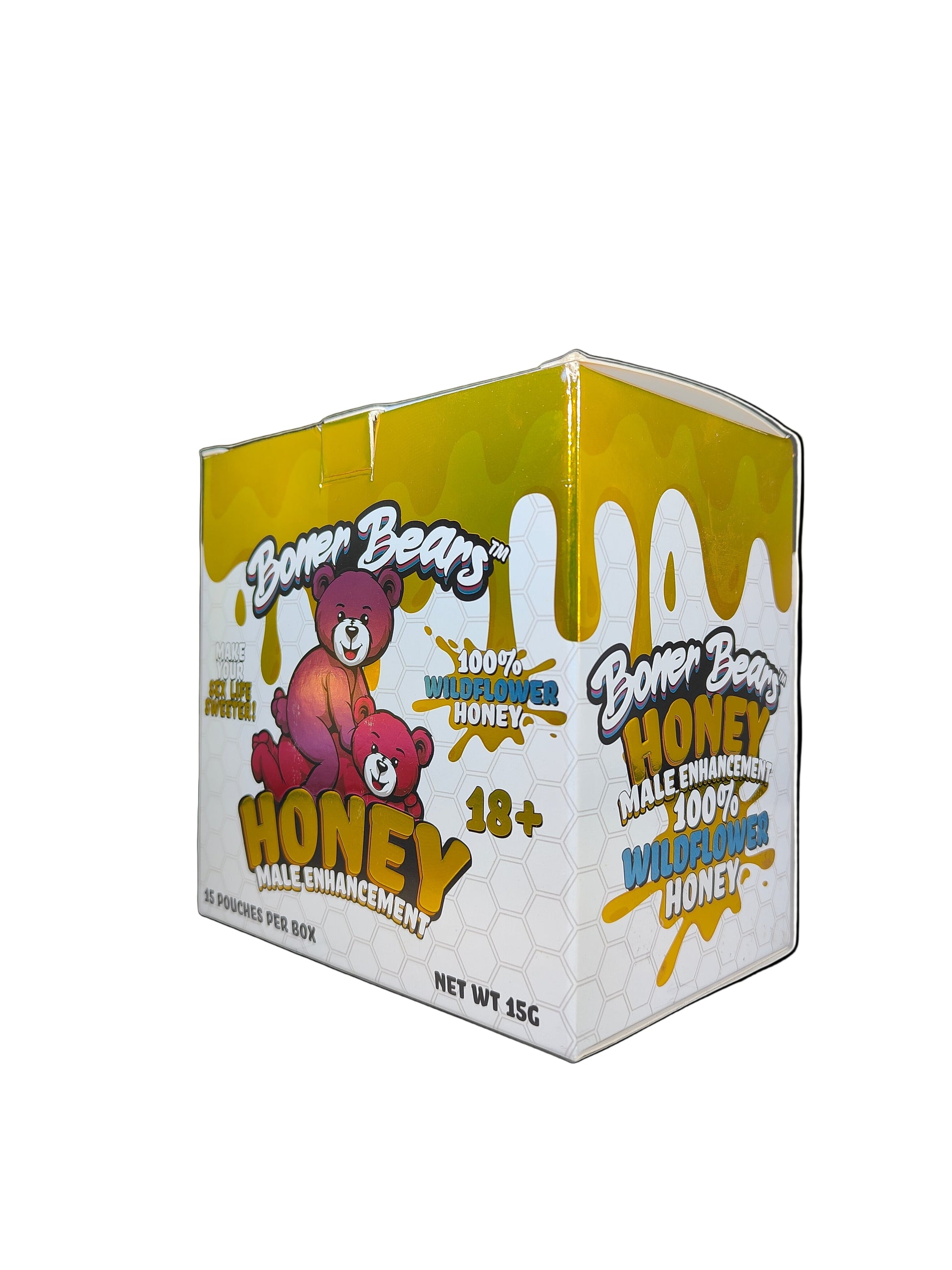 Front view of Boner Bear Honey display box, a premium stamina and energy enhancement.