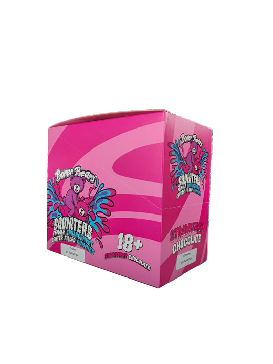Front view of Boner Bears Squirters Female Enhancement display box. A Female Arousal supplement in the form of center filled gummies.