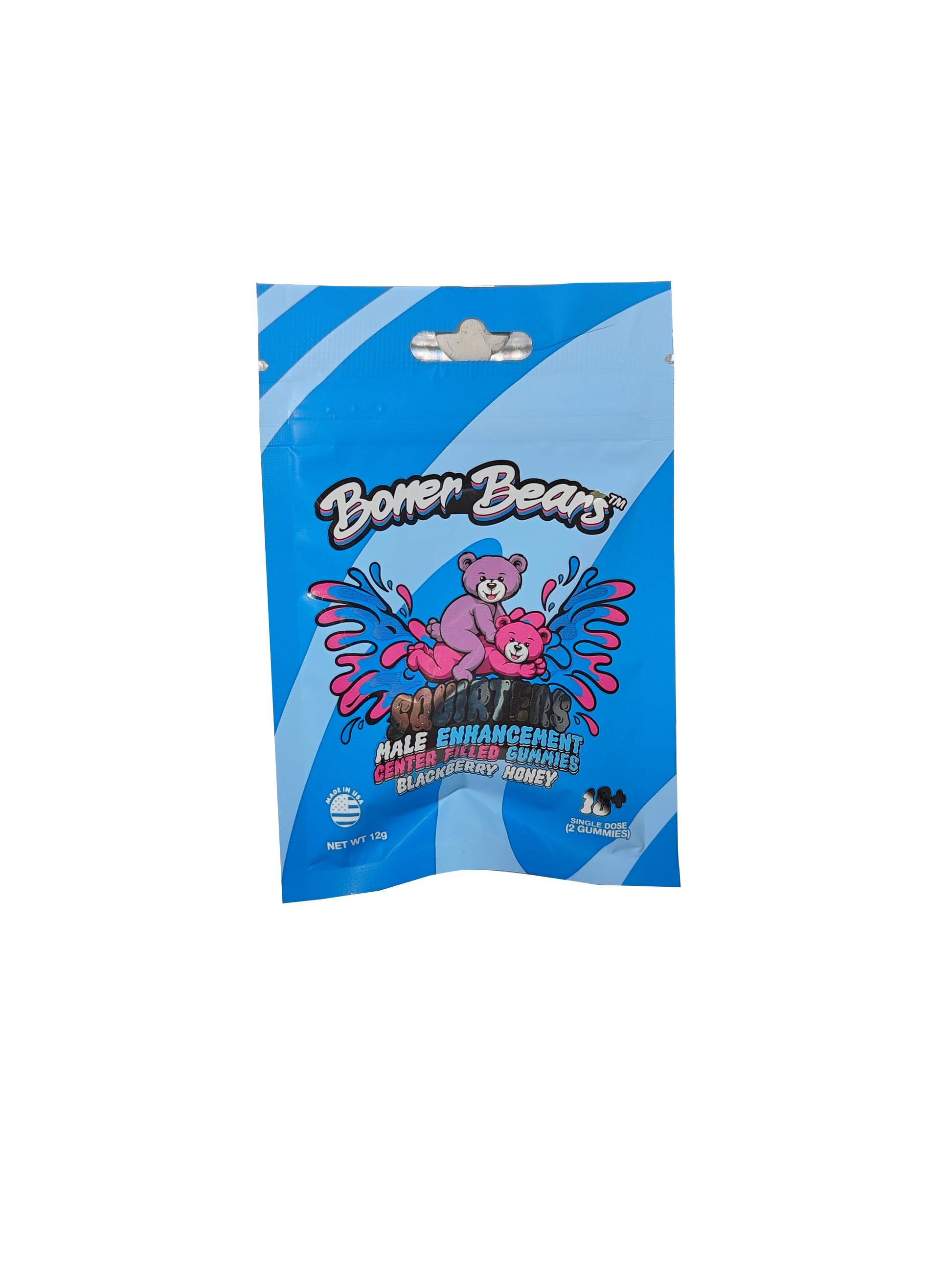 Packet of Boner Bears Squirters Blackberry Honey flavored male enhancement gummies.