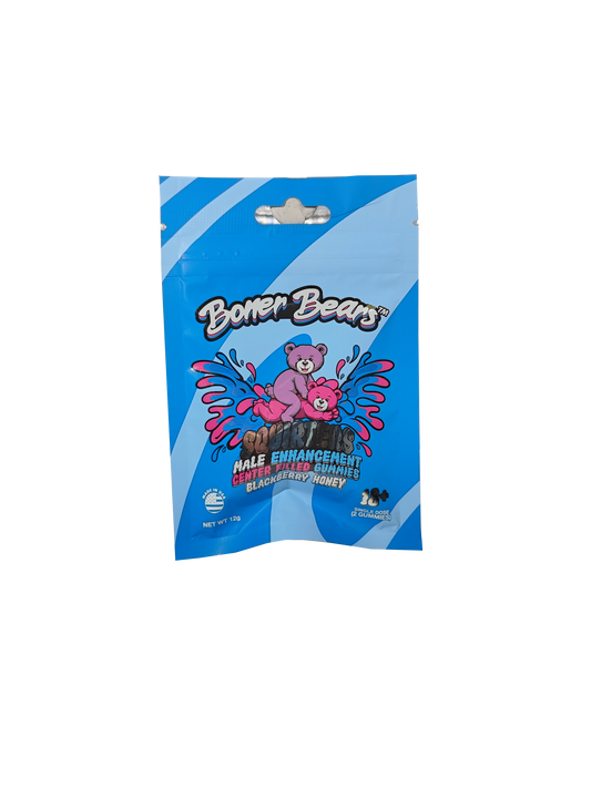 Packet of Boner Bears Squirters Blackberry Honey flavored male enhancement gummies.