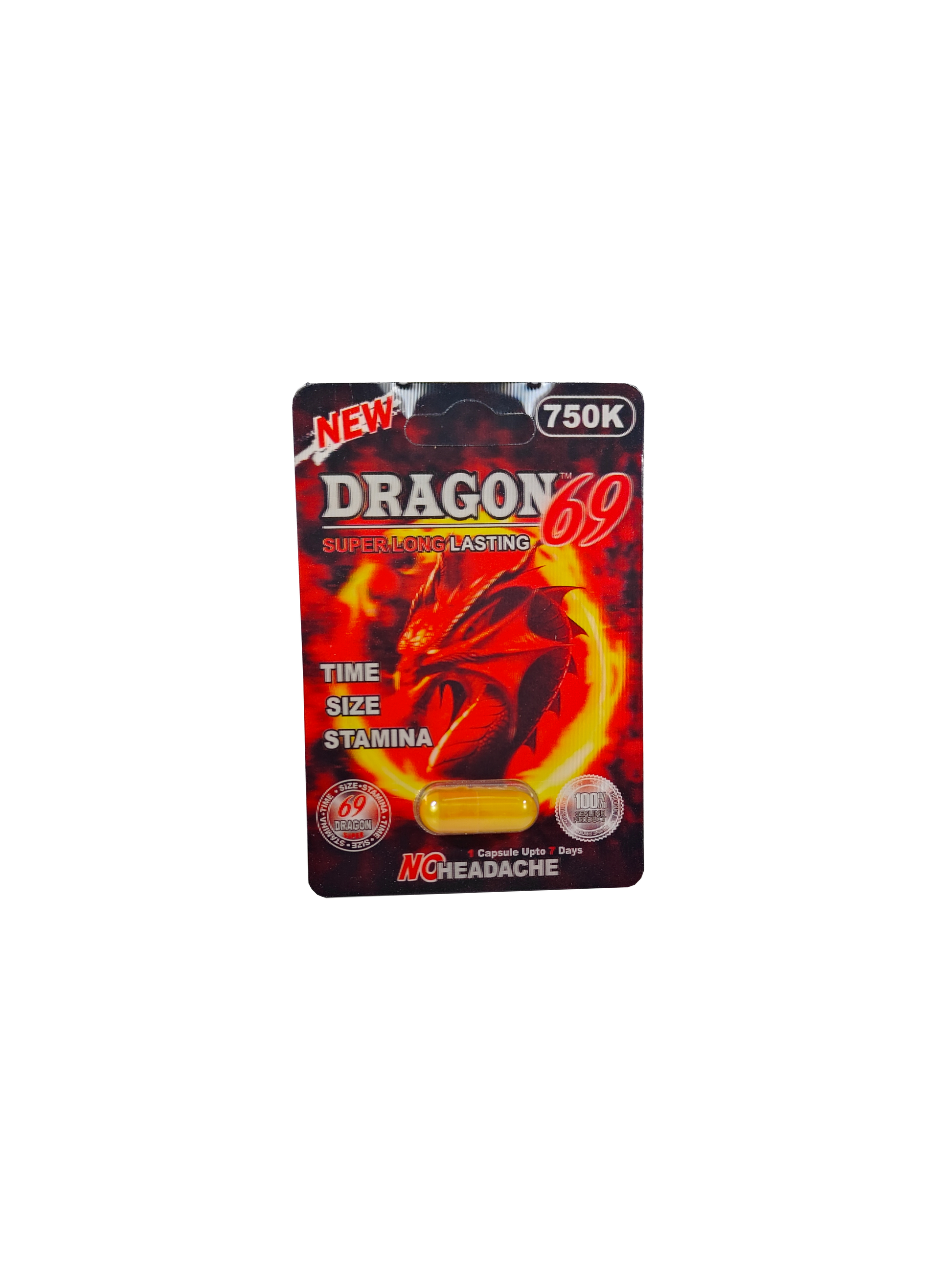 Single capsule packet of Dragon 69 750K, a male stamina enhancement supplement pill.