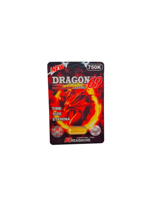 Single capsule packet of Dragon 69 750K, a male stamina enhancement supplement pill.