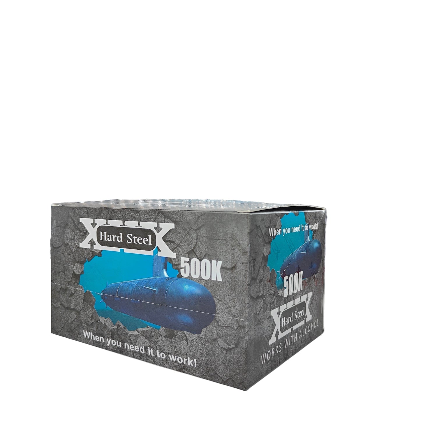 Front View of Hard Steel XXX 500K. A display box of male enhancement shots in the form of liquid shots.