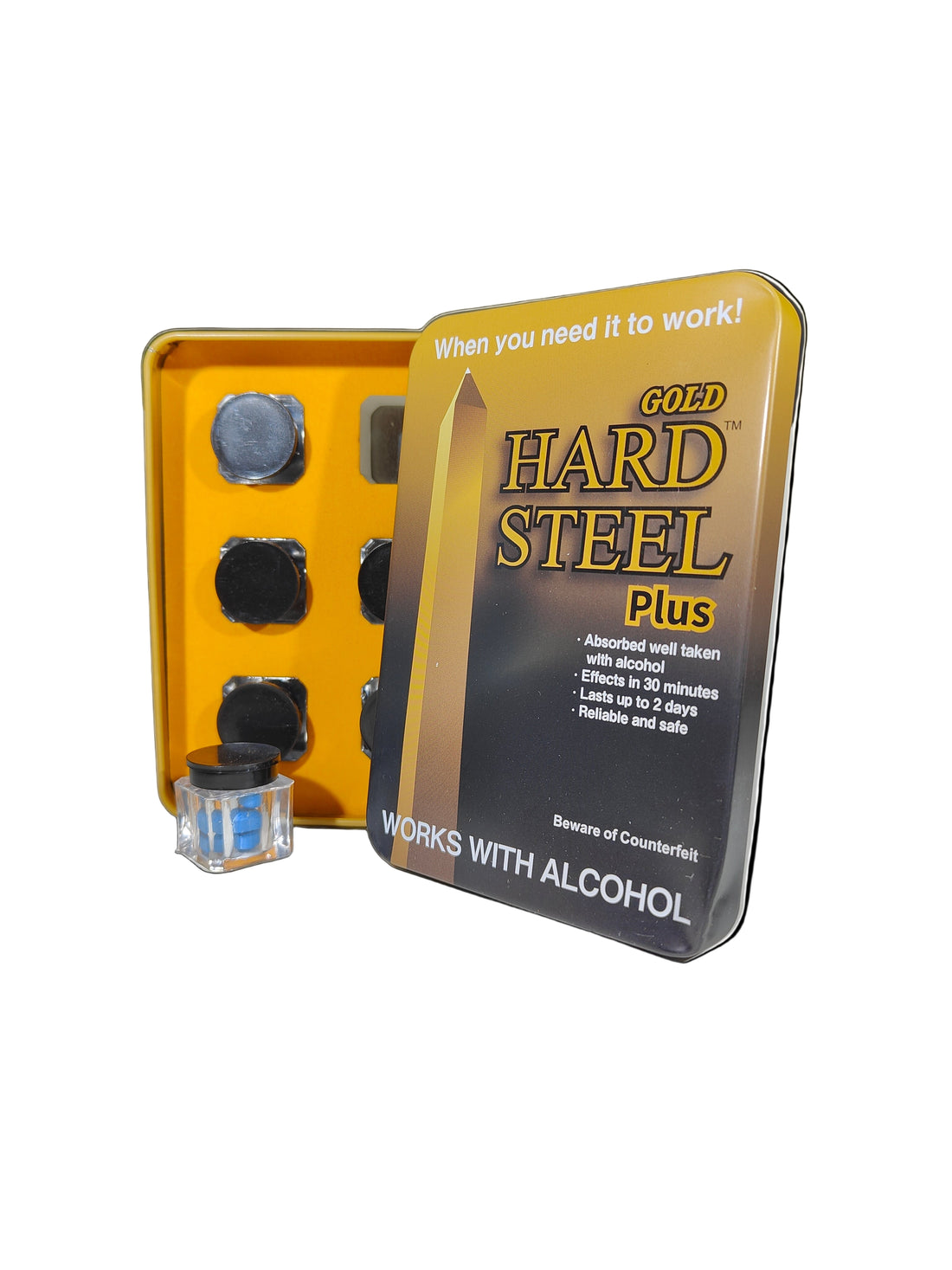 Front view of Hard Steel Gold Plus Pills, a tin of male enhancement supplements.