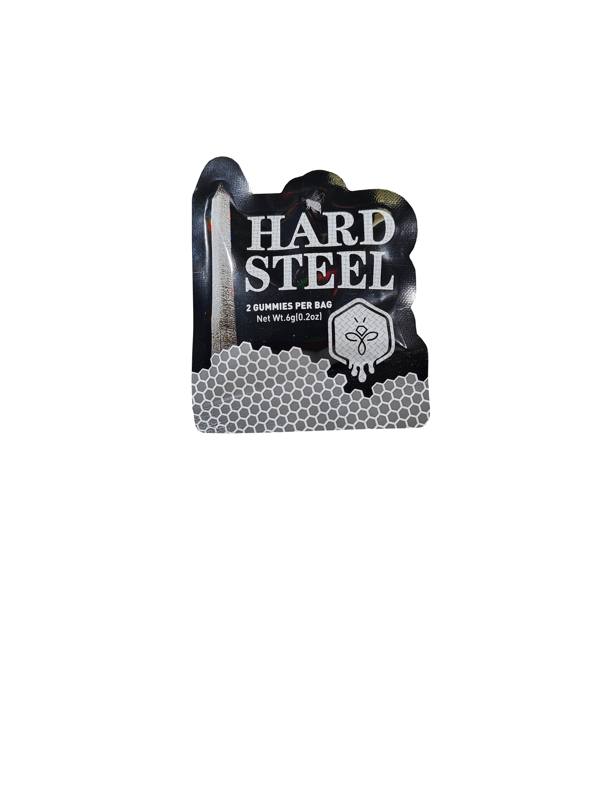 A single packet of two Hard Steel Gummies male enhancement supplement product.