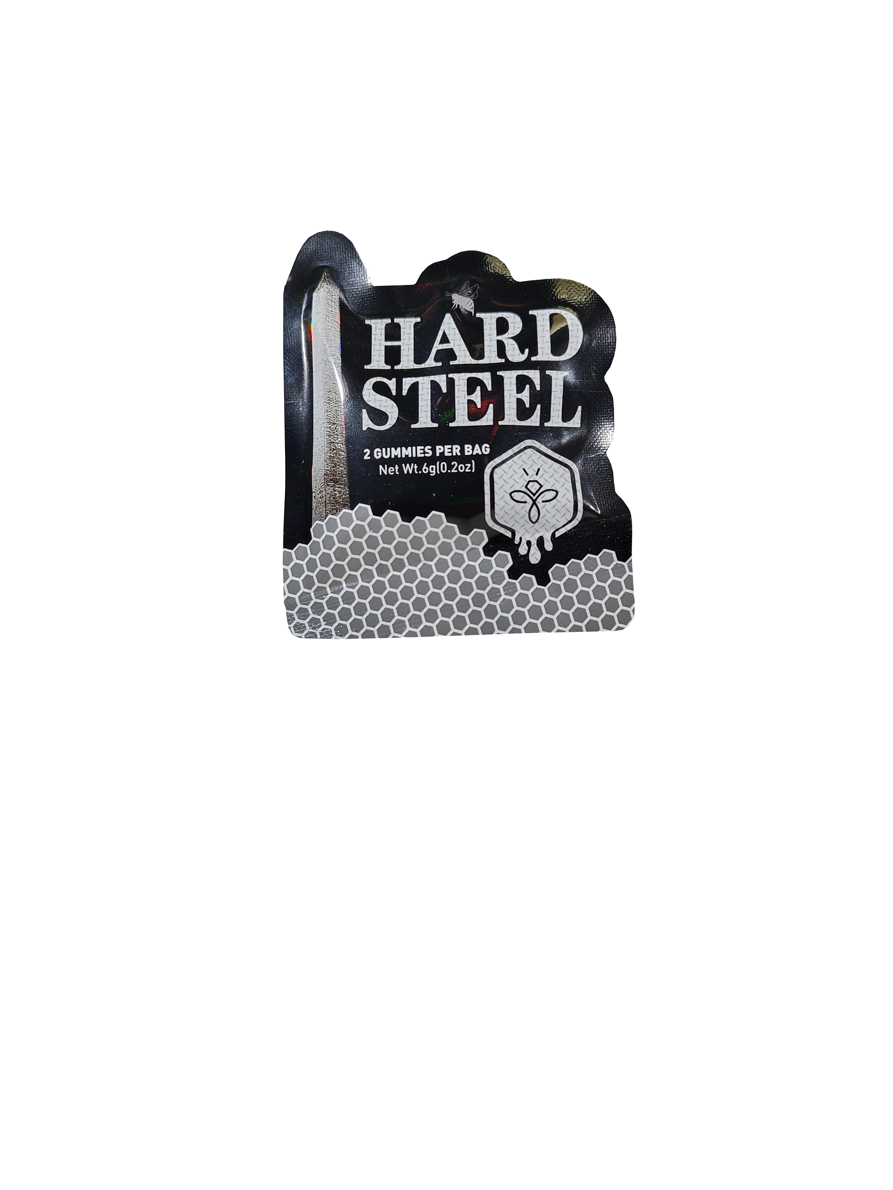 A single packet of two Hard Steel Gummies male enhancement supplement product.