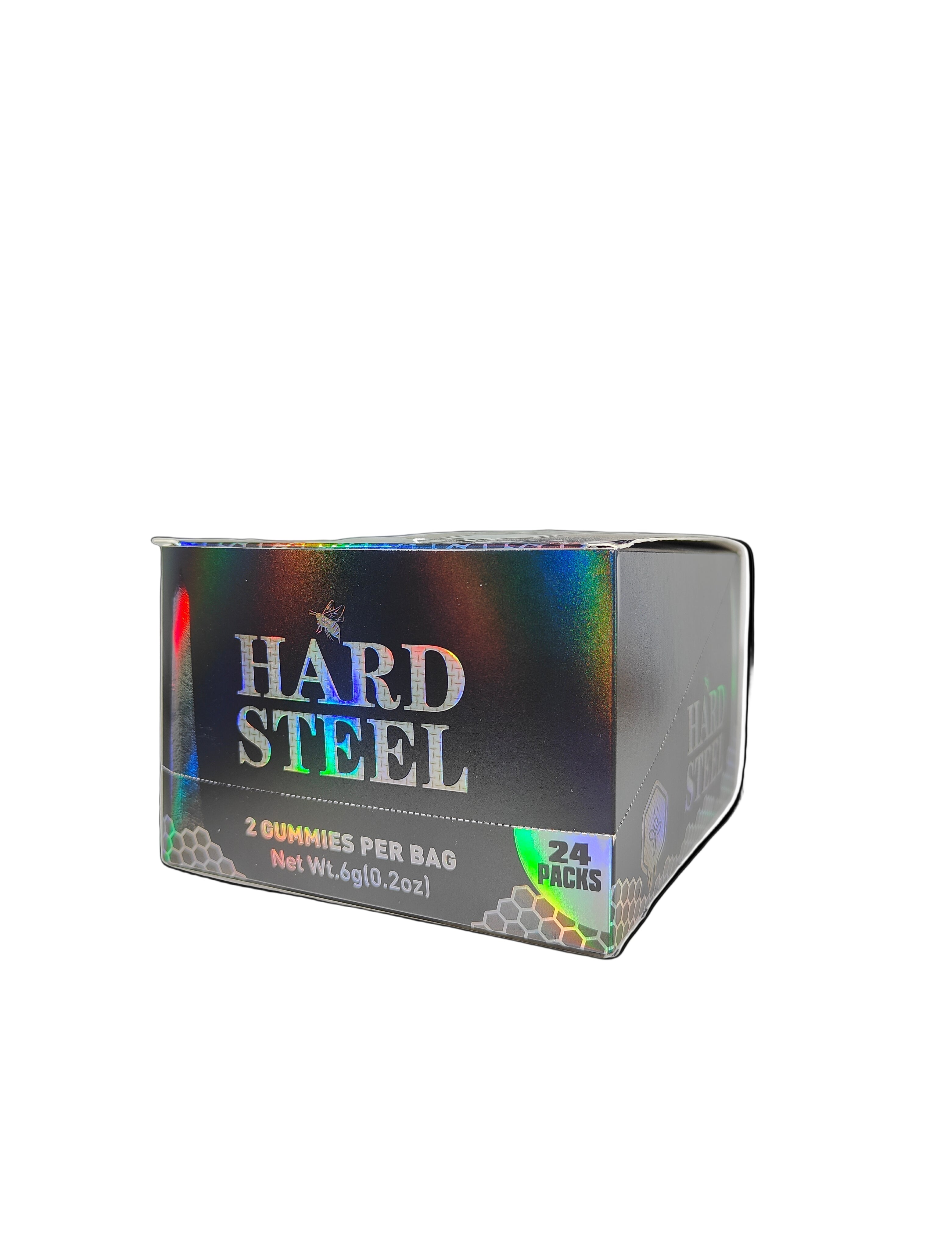Front view of Hard Steel Gummy display box, a premium stamina and energy enhancement.