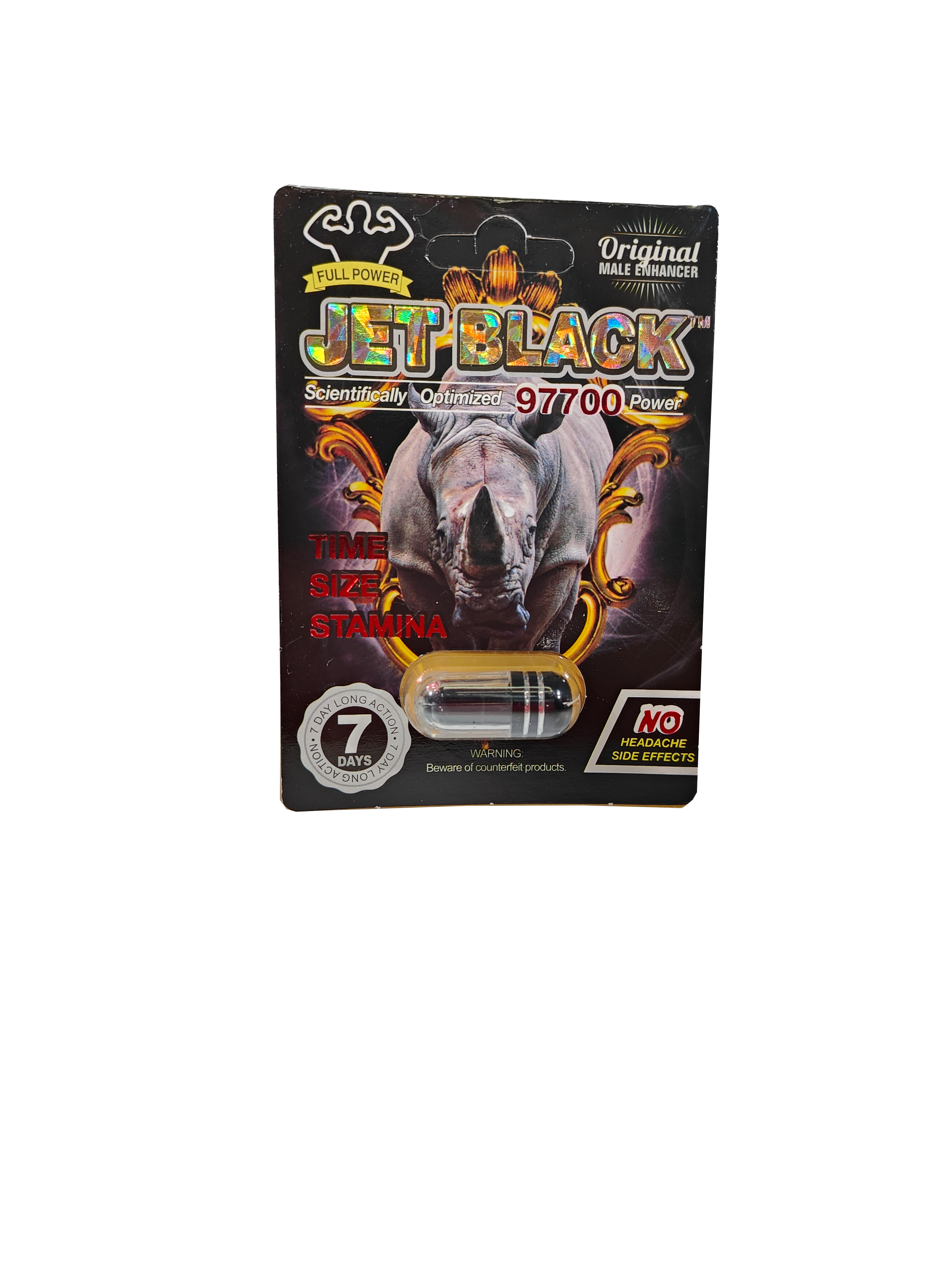 Single capsule packet of Jet Black 97700, a male stamina enhancement supplement pill.