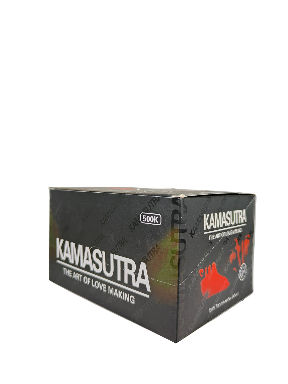 Front view of Kamasutra 500k Shots, a display box of premium male enhancement supplements.