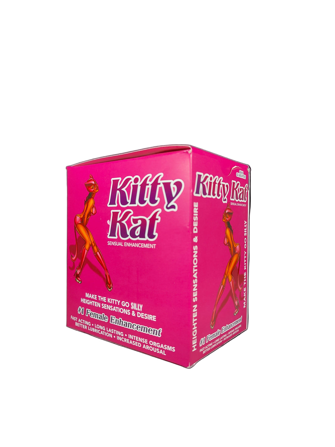 Front view of Kitty Kat Female enhancement supplement display box, a premium stamina and energy enhancement.