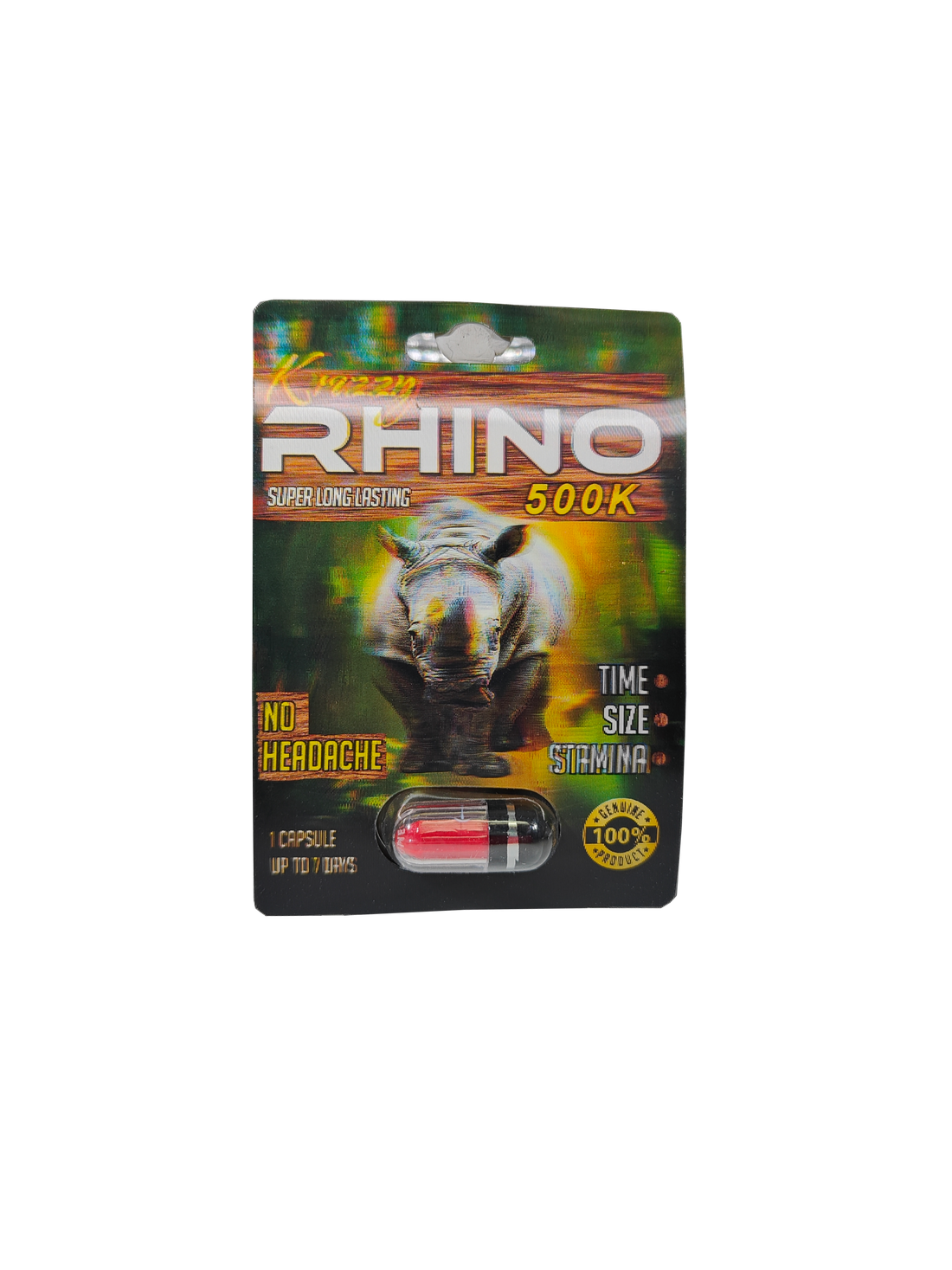 Single capsule Krazzy Rhino 500K, a male stamina enhancement supplement in pill form. 