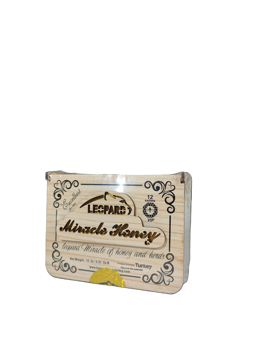 Front view of Leopard Miracle Honey. A Box of male enhancement supplement product.