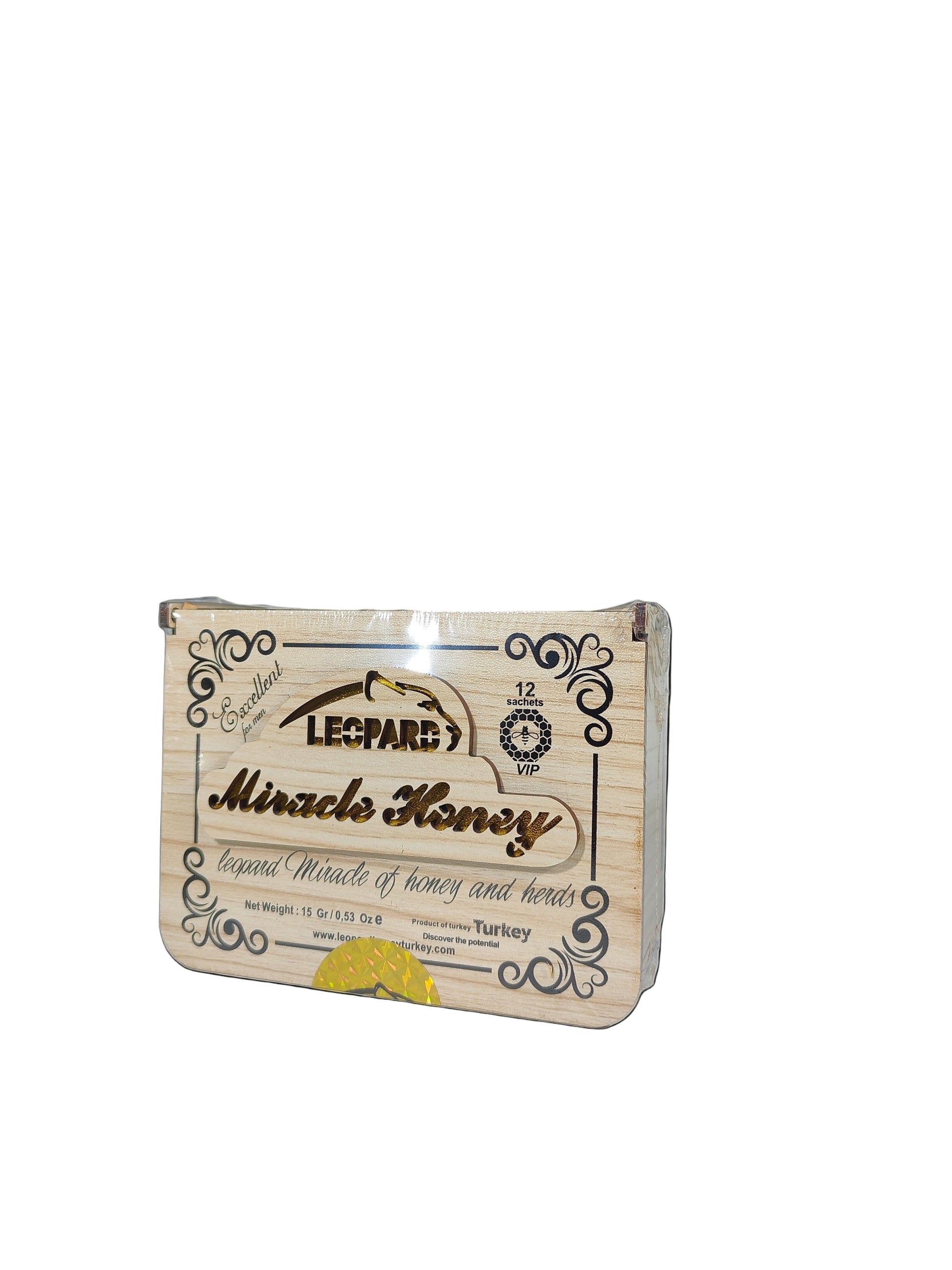 Front view of Leopard Miracle Honey. A Box of male enhancement supplement product.