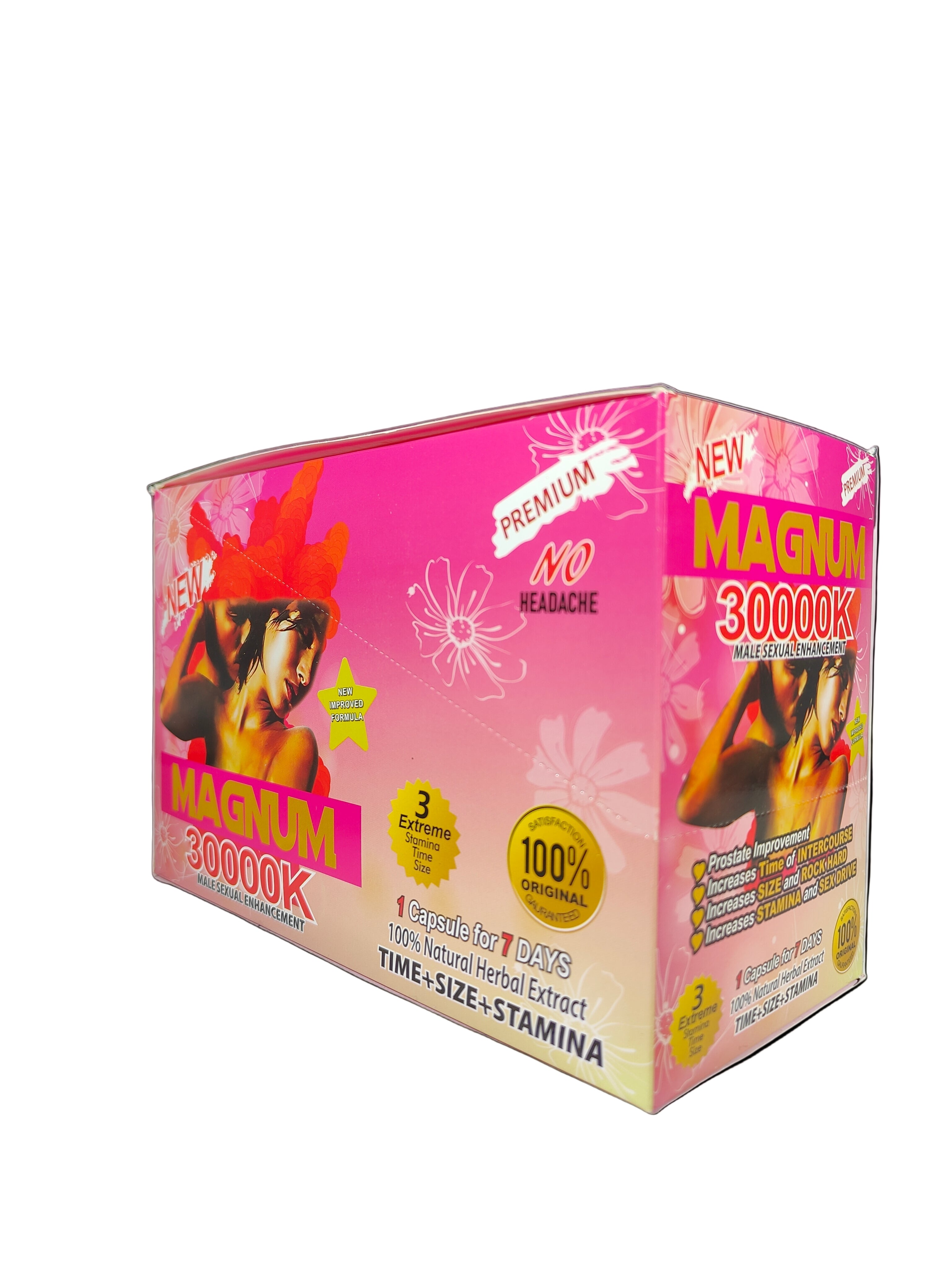 Front view of Magnum 30000K Pink display box, a premium stamina and energy enhancement.
