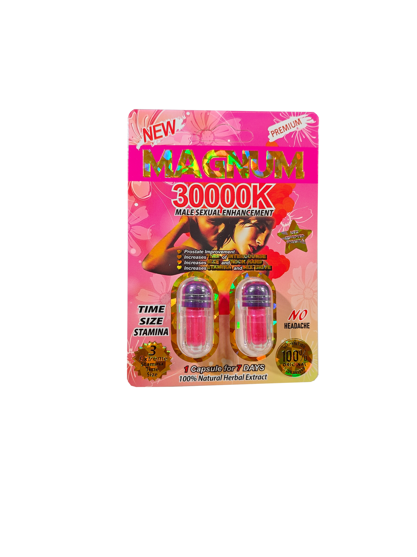 Double capsule packet of Magnum 30000K Pink, a male enhancement supplement product
