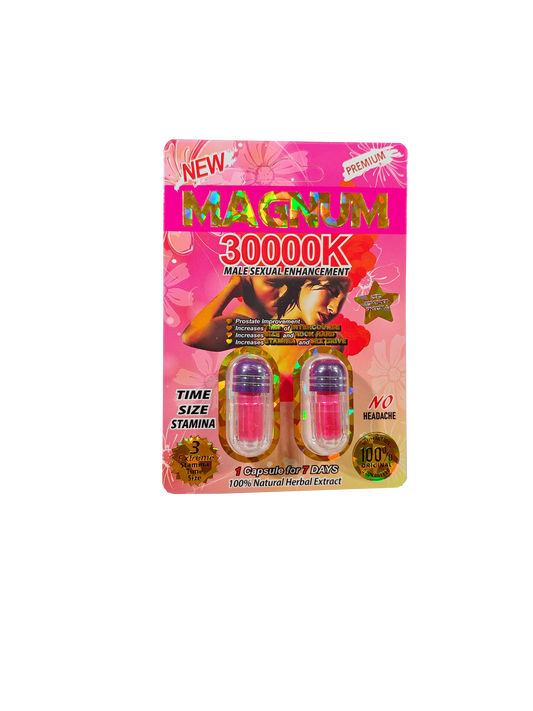Double capsule packet of Magnum 30000K Pink, a male enhancement supplement product
