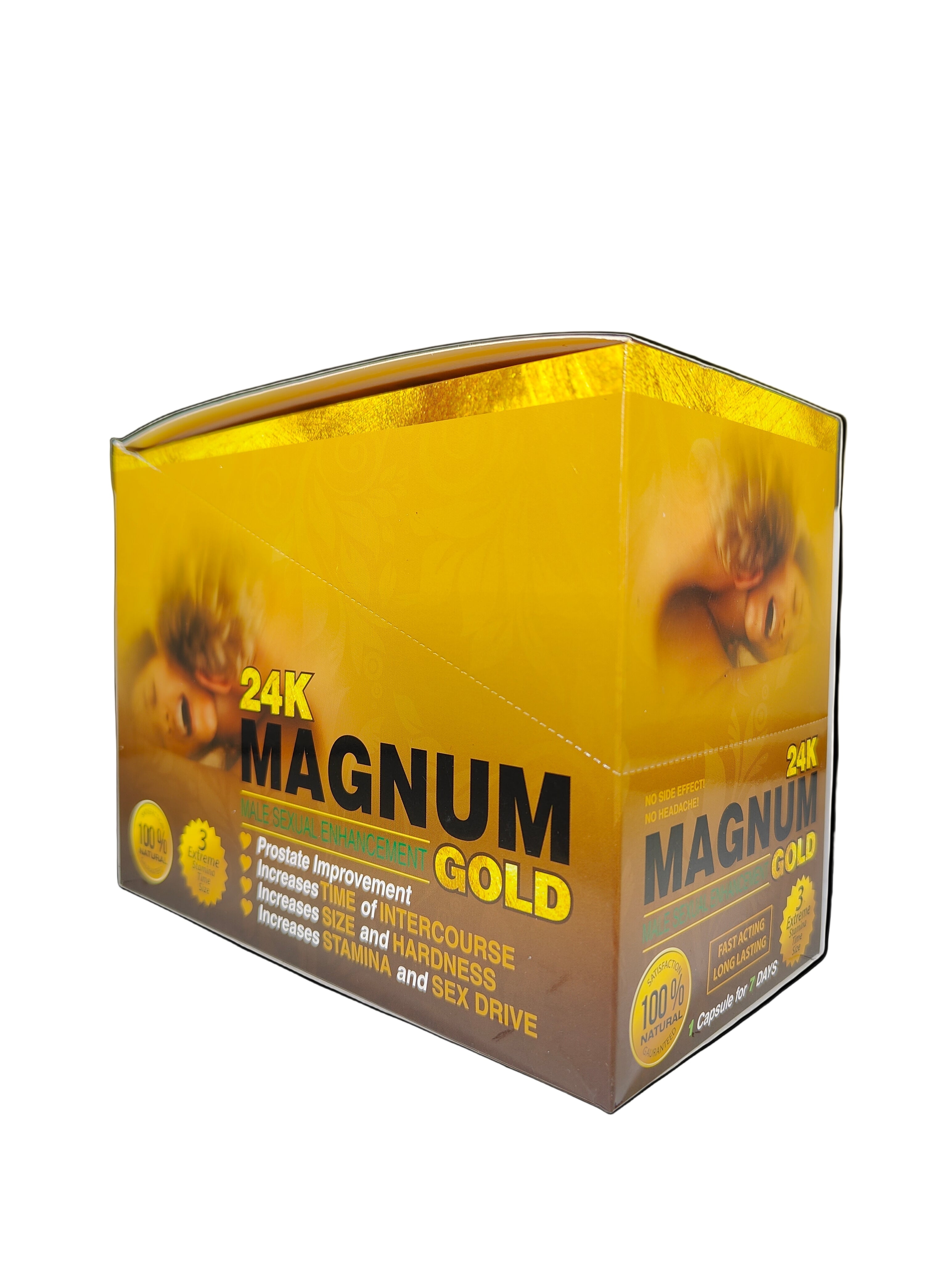 Front view of Magnum 9800 24K Gold display box, a premium stamina and energy enhancement.