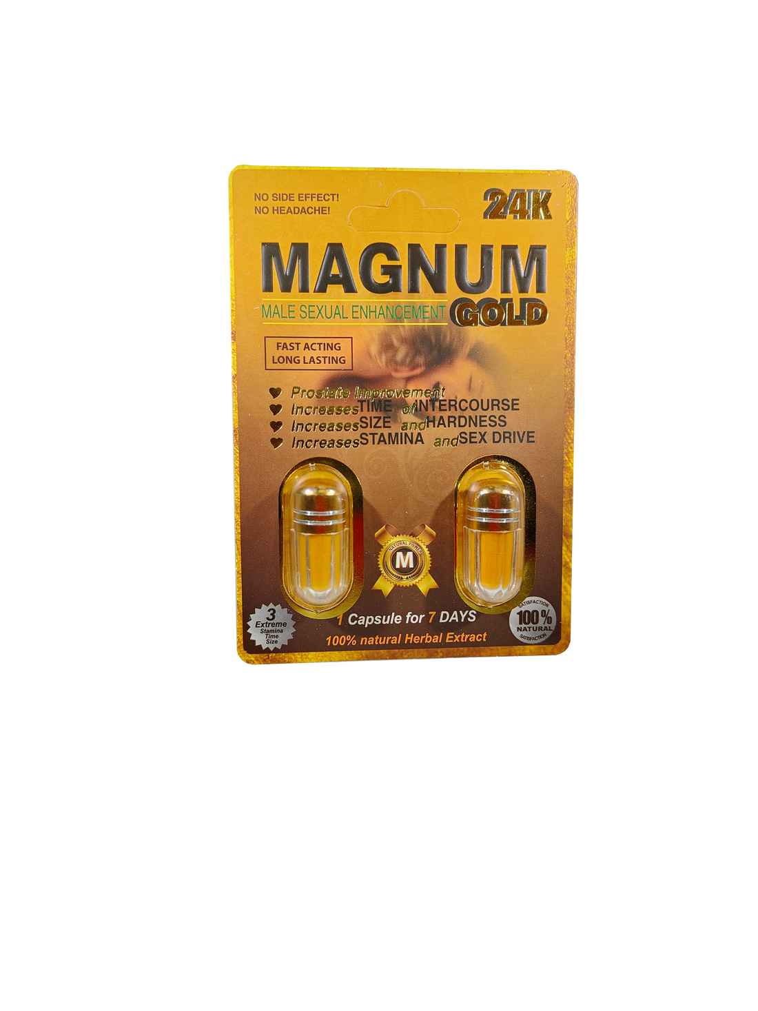 Double capsule packet of Magnum 24K Gold Male enhancement product.