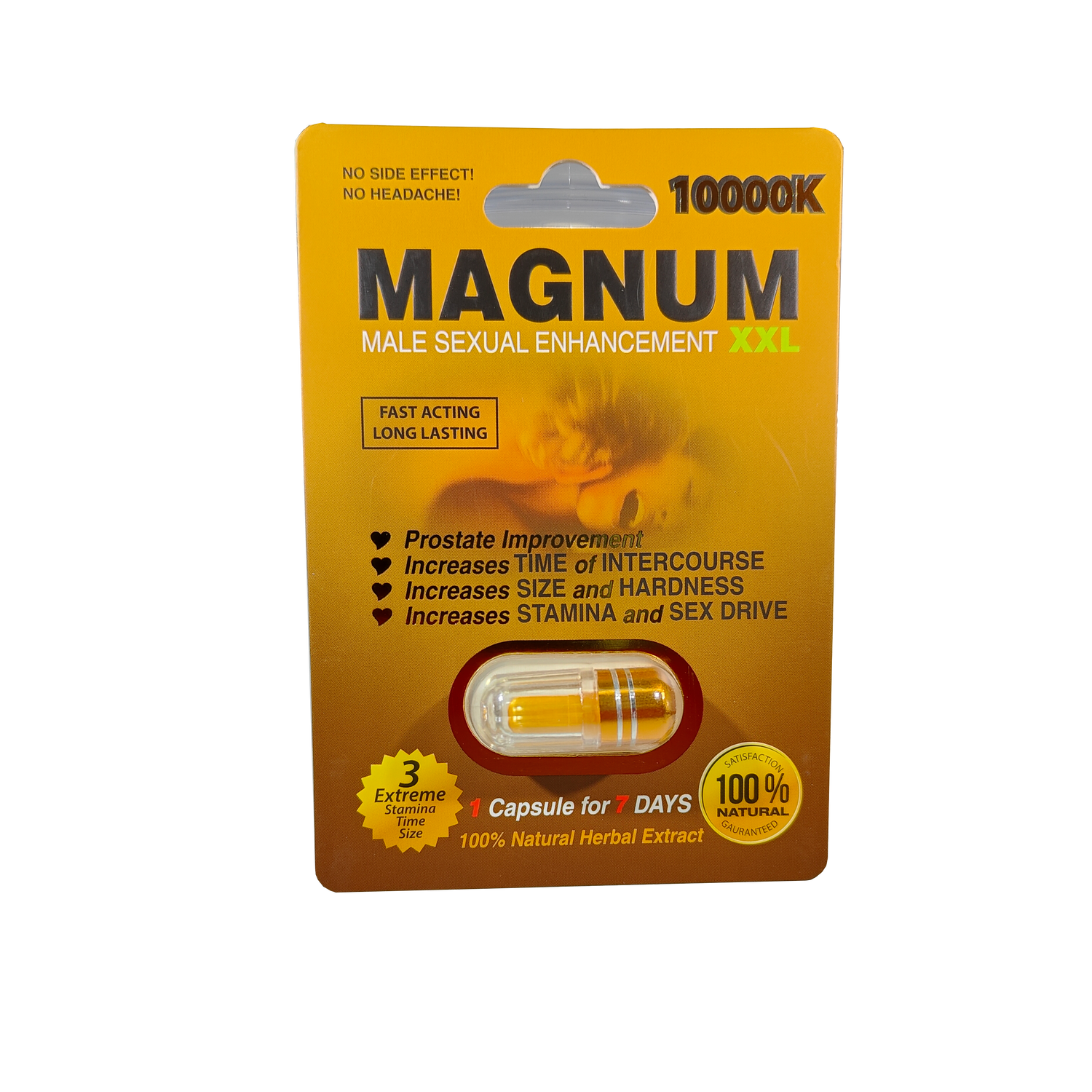 Single capsule packet of Magnum XXL 10000k Male enhancement product.