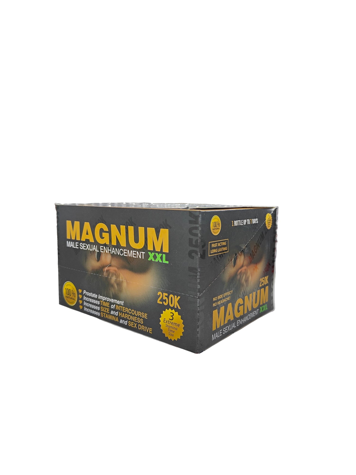Front view of Magnum XXL 250K Shots, A display box of male enhancements in the form of liquid shots.