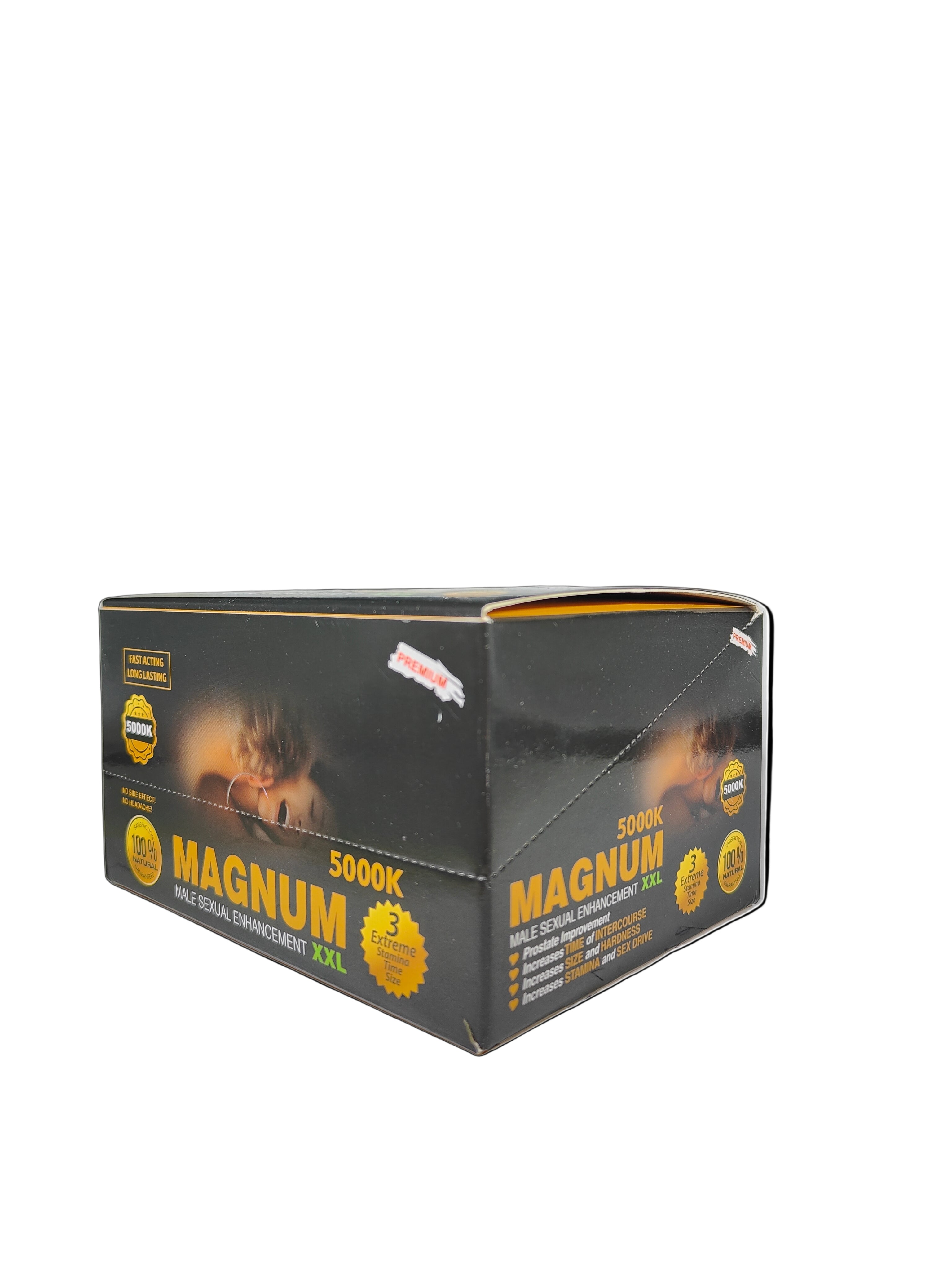 Front view of Magnum 5000K XXL Shots, a display box of premium male enhancement supplements.
