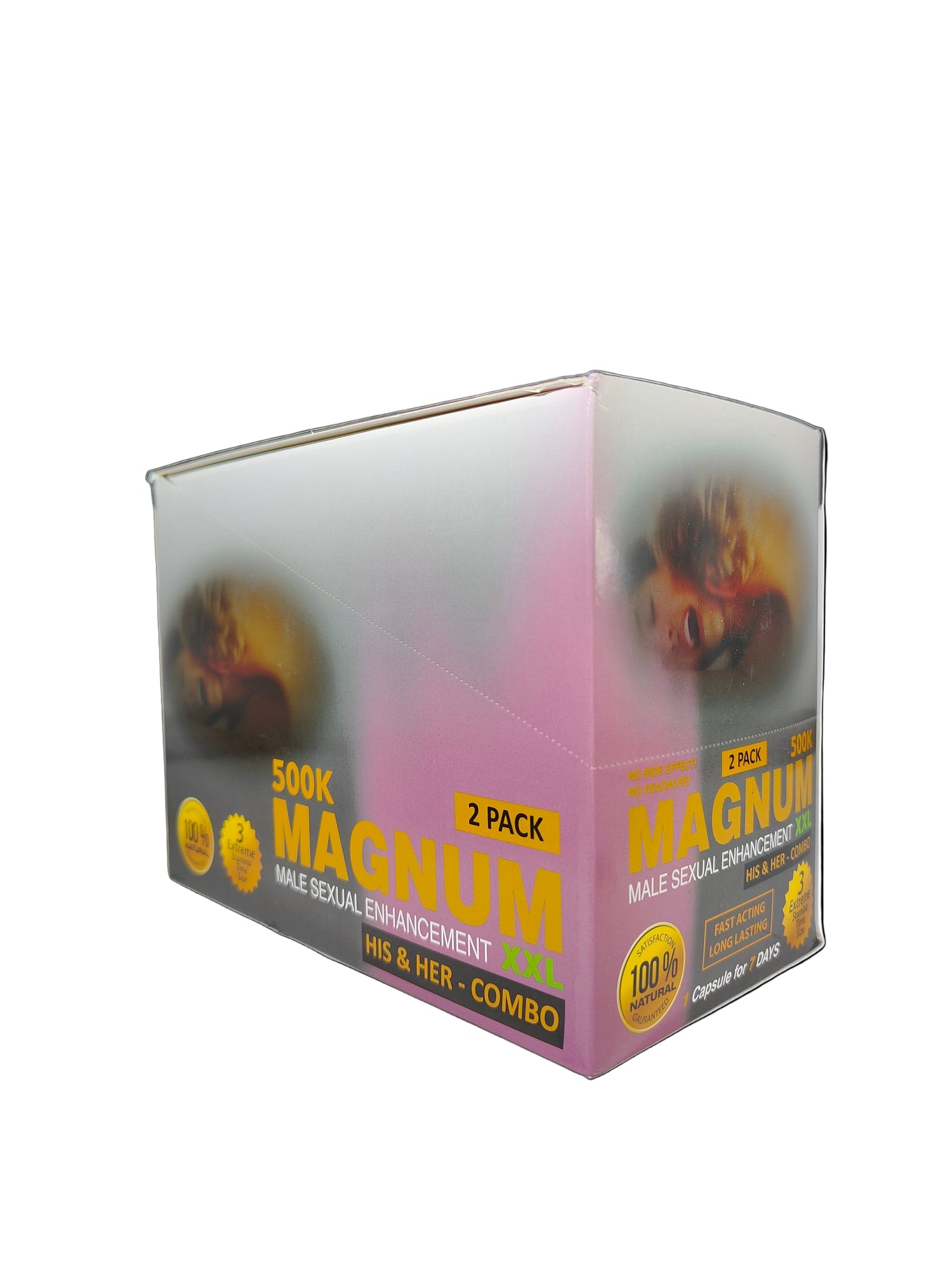 Front view of Magnum XXL 500k His and Her sexual enhancement display box, a premium stamina and energy enhancement.