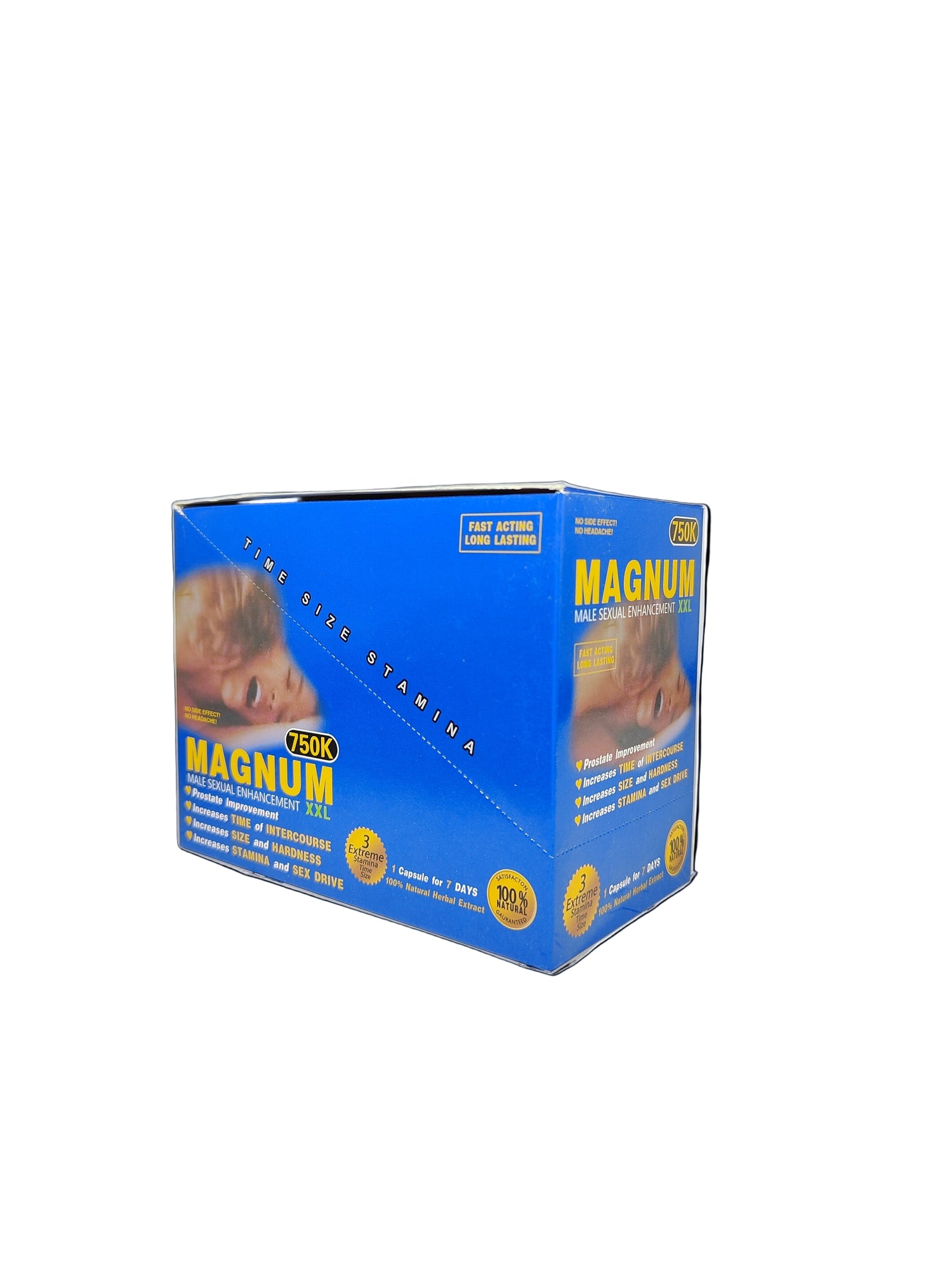 Front view of Magnum 750K XXL Blue display box, a premium stamina and energy enhancement.