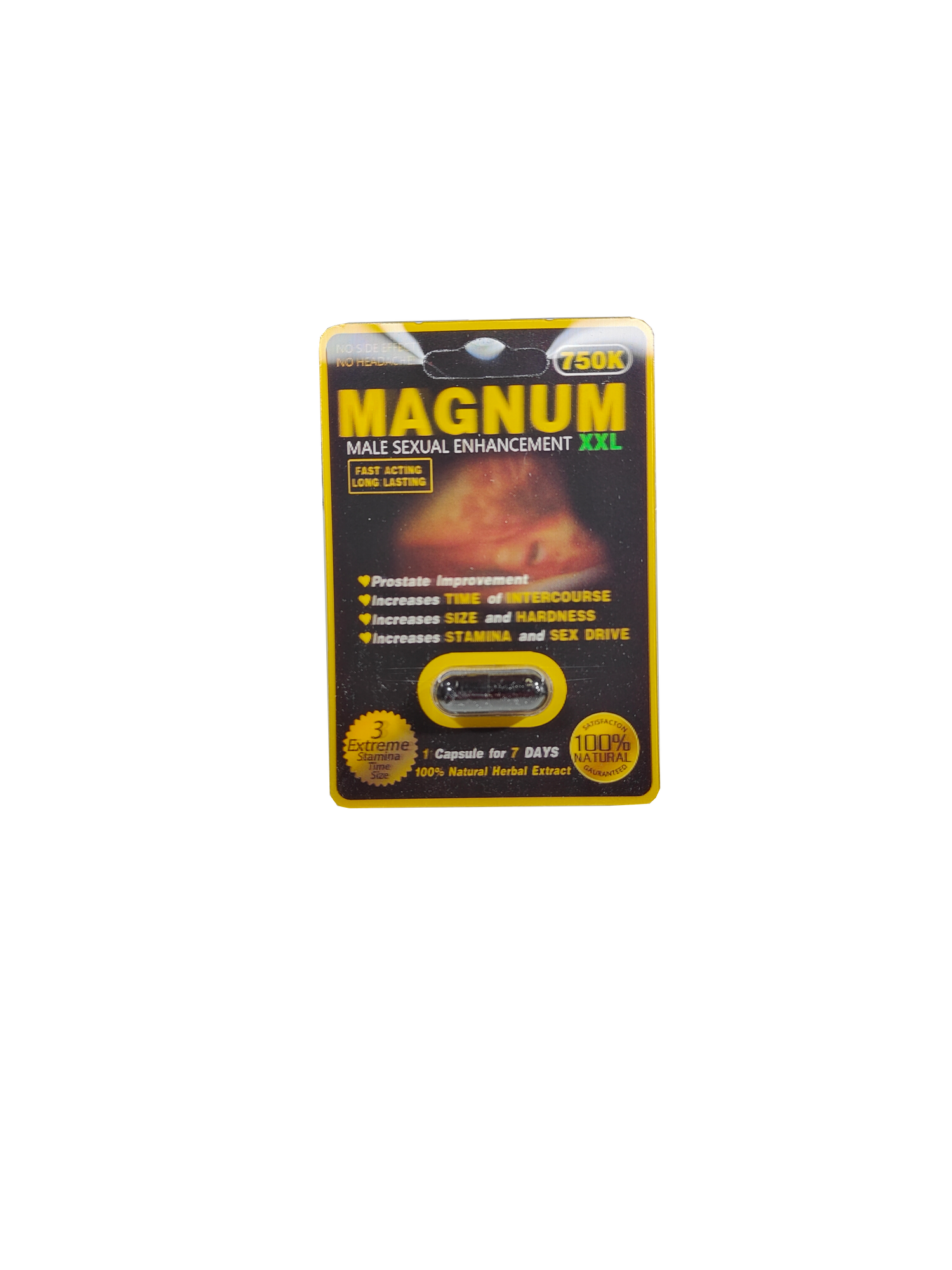 Single capsule packet of Magnum 750K XXL Black a male enhancement supplement product.