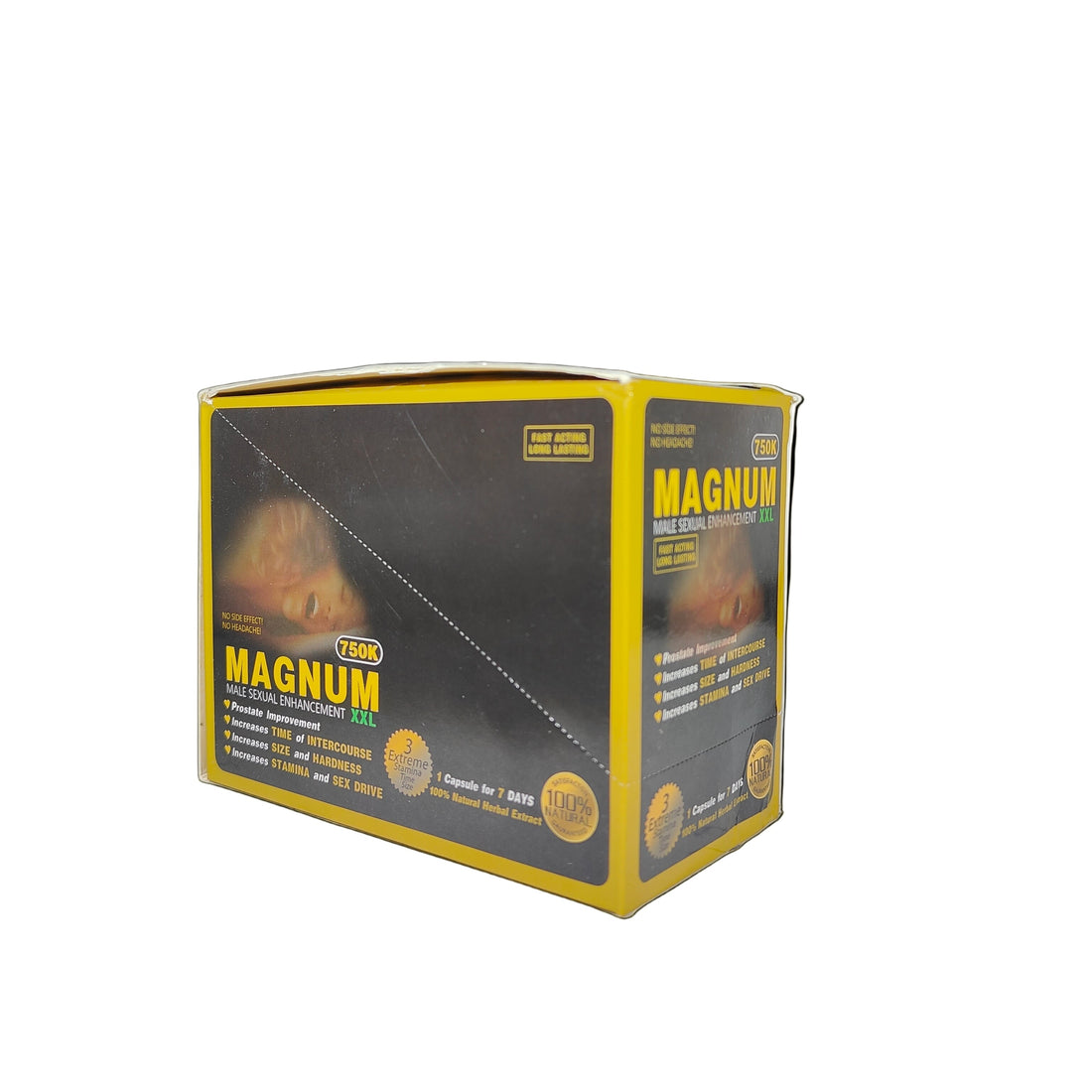 Front view of Magnum 750K XXL Black display box, a premium stamina and energy enhancement.