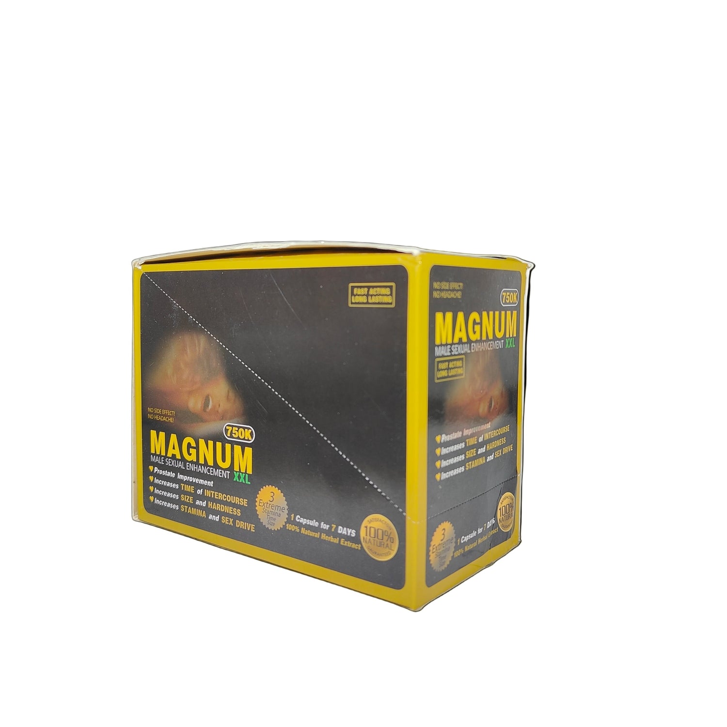 Front view of Magnum 750K XXL Black display box, a premium stamina and energy enhancement.