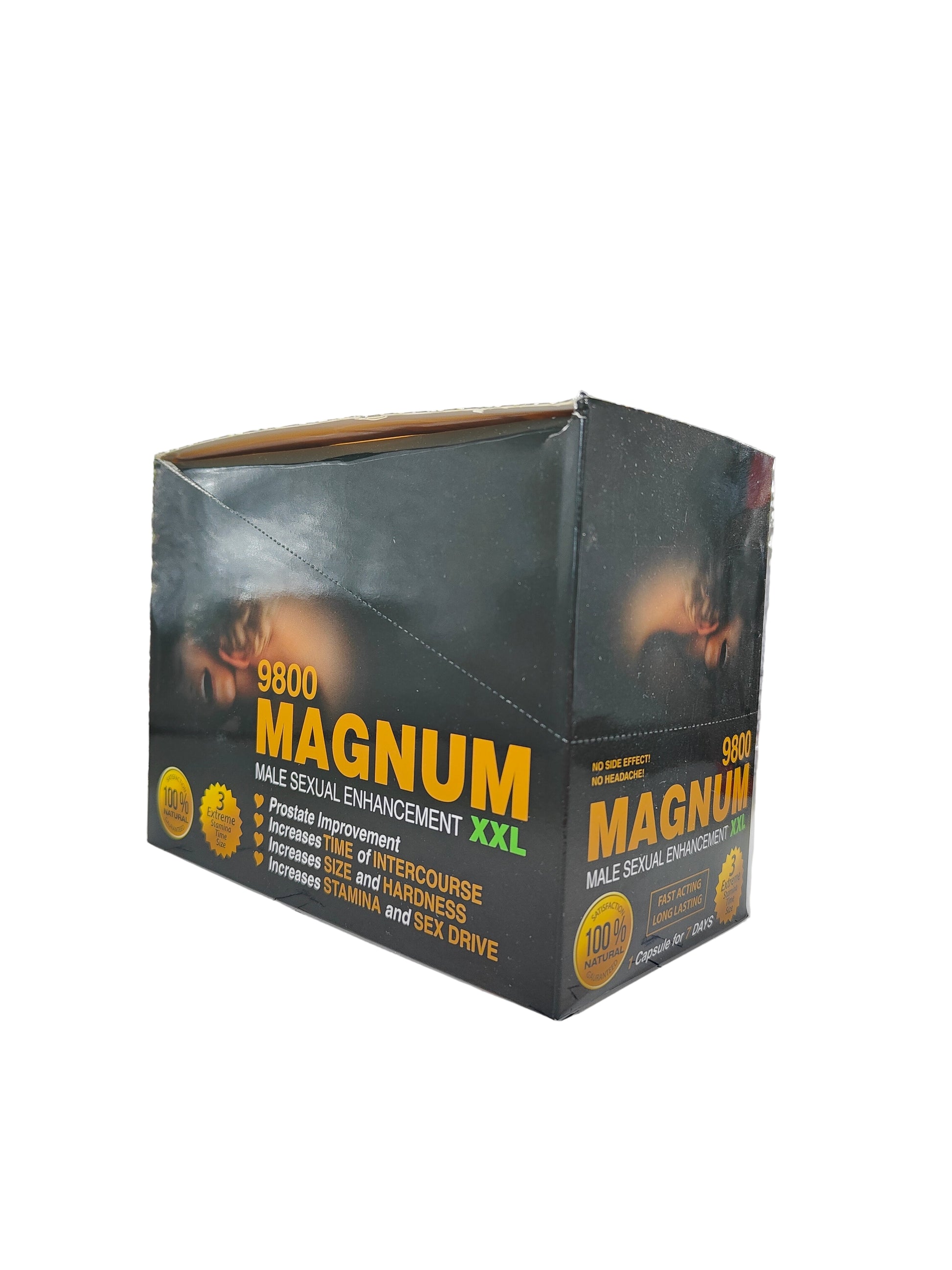 Front view of Magnum XXL 9800 Male Sexual Enhancement display box. A Male Enhancement supplement in pill form.