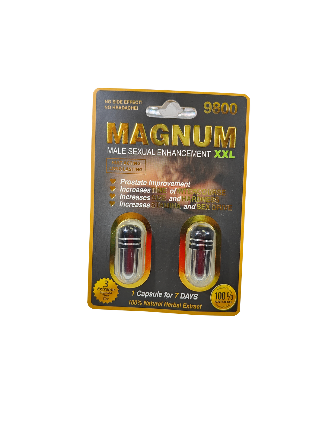 Dual capsule packet of Magnum XXL 9800 Male Sexual Enhancement. A male  enhancement supplement pill.