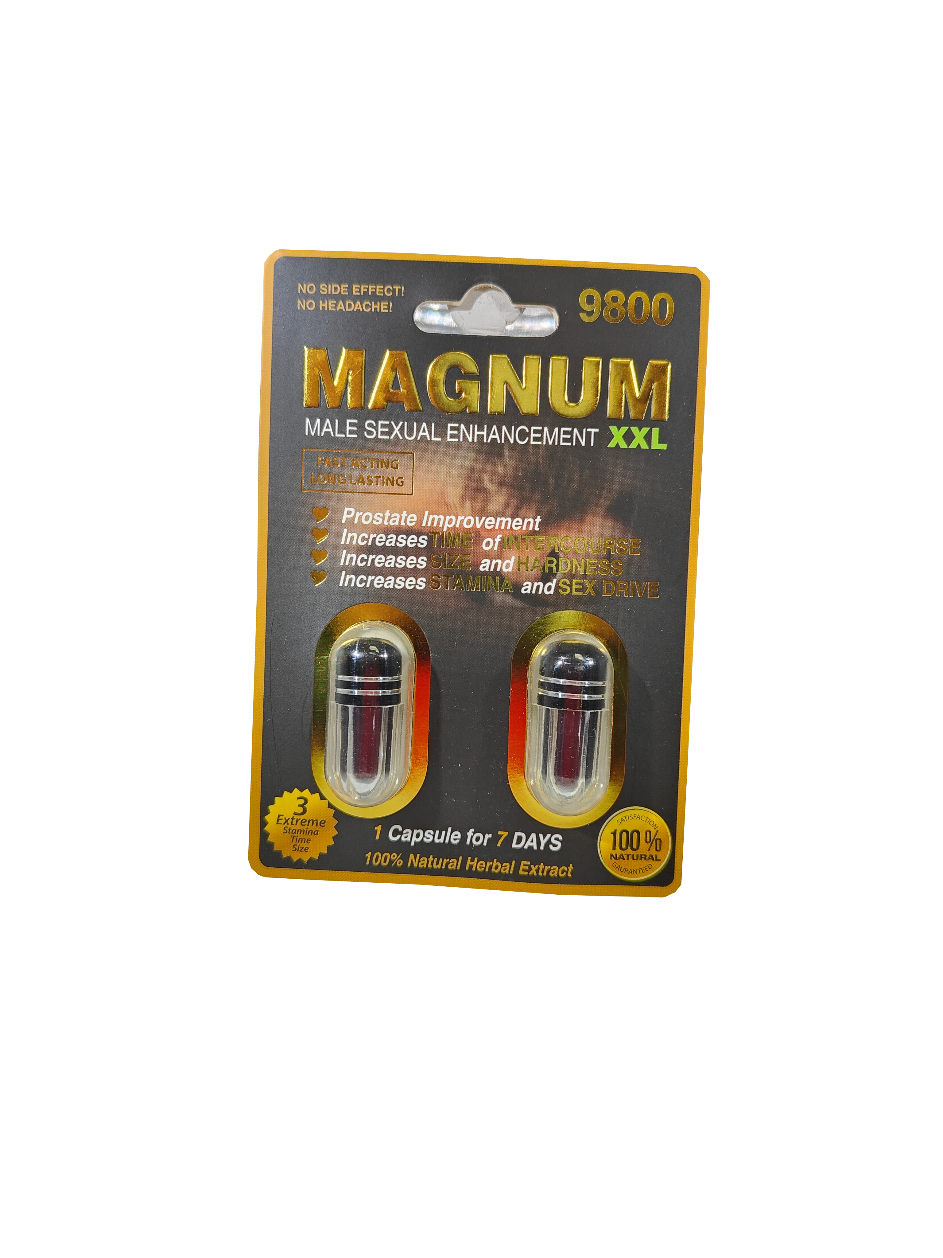 Dual capsule packet of Magnum XXL 9800 Male Sexual Enhancement. A male  enhancement supplement pill.