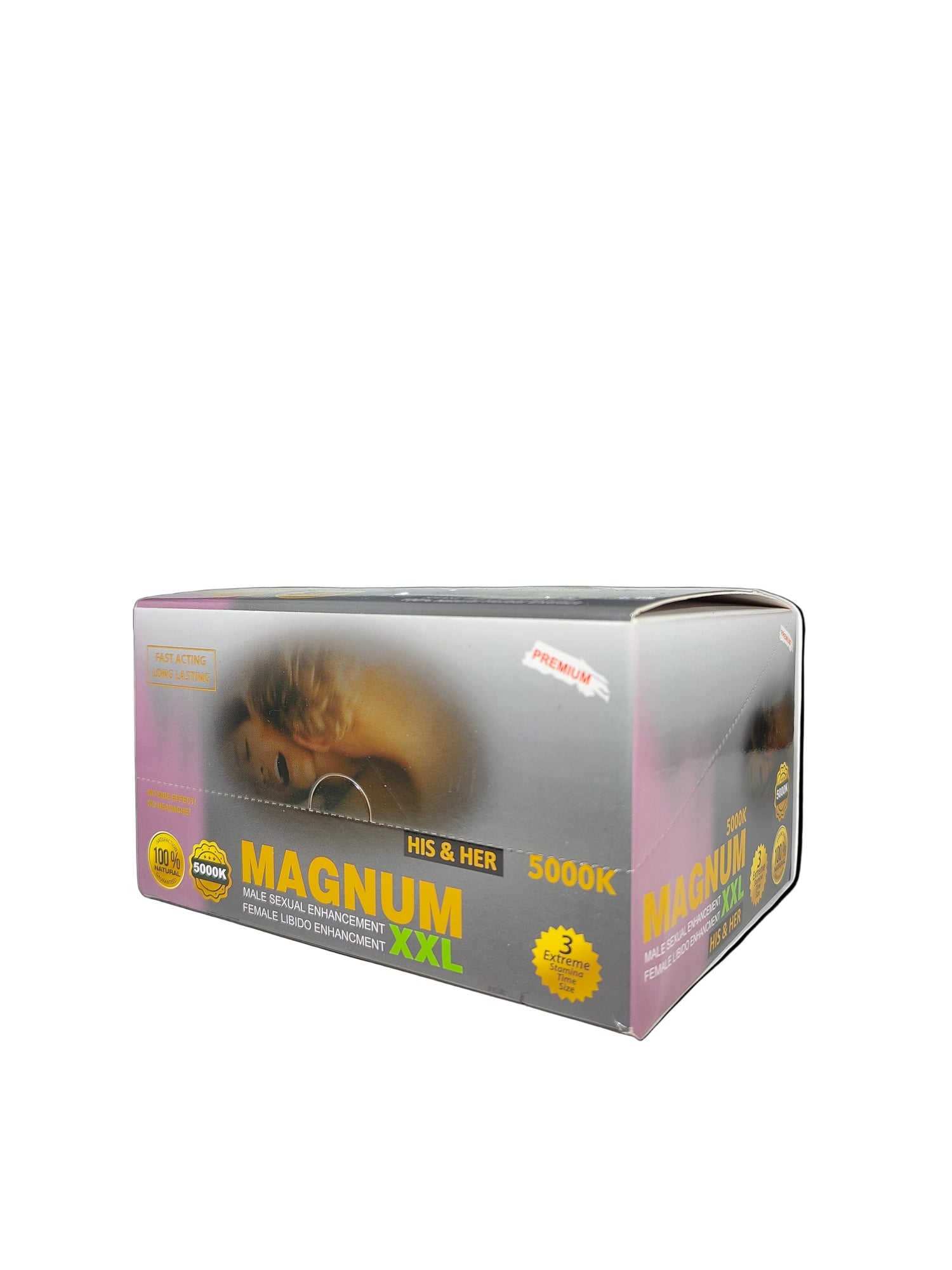 Front view of Magnum His &amp; Her 5000K XXL Shots, a display box of premium male enhancement supplements.