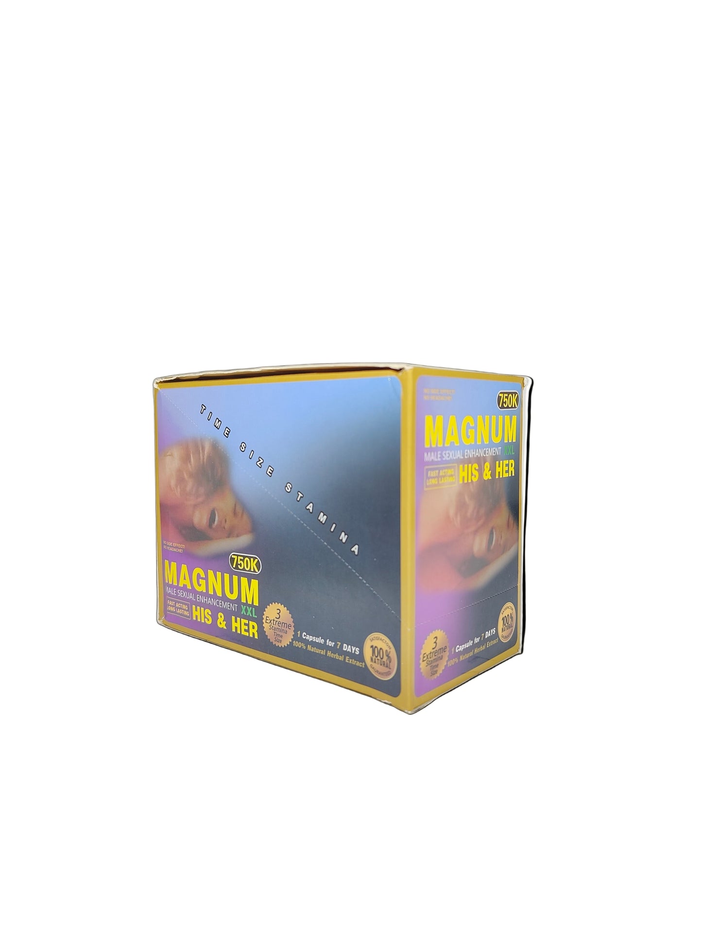 Front view of Magnum 750K XXL His & Her display box, a premium stamina and energy enhancement.