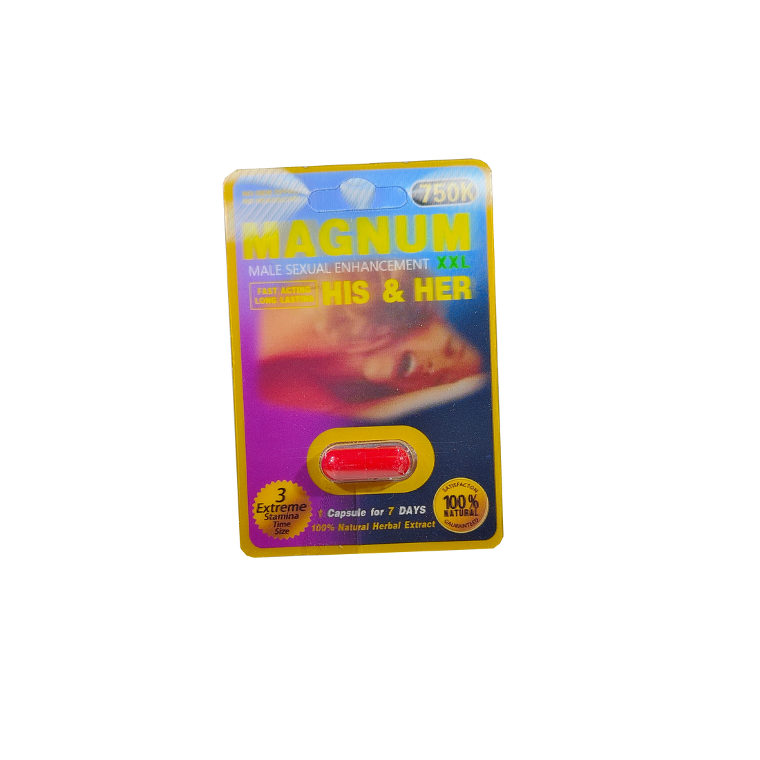 Single capsule packet of Magnum 750K XXL His &amp; Her a male enhancement supplement product.