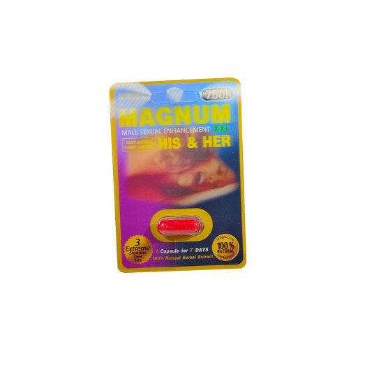 Single capsule packet of Magnum 750K XXL His & Her a male enhancement supplement product.