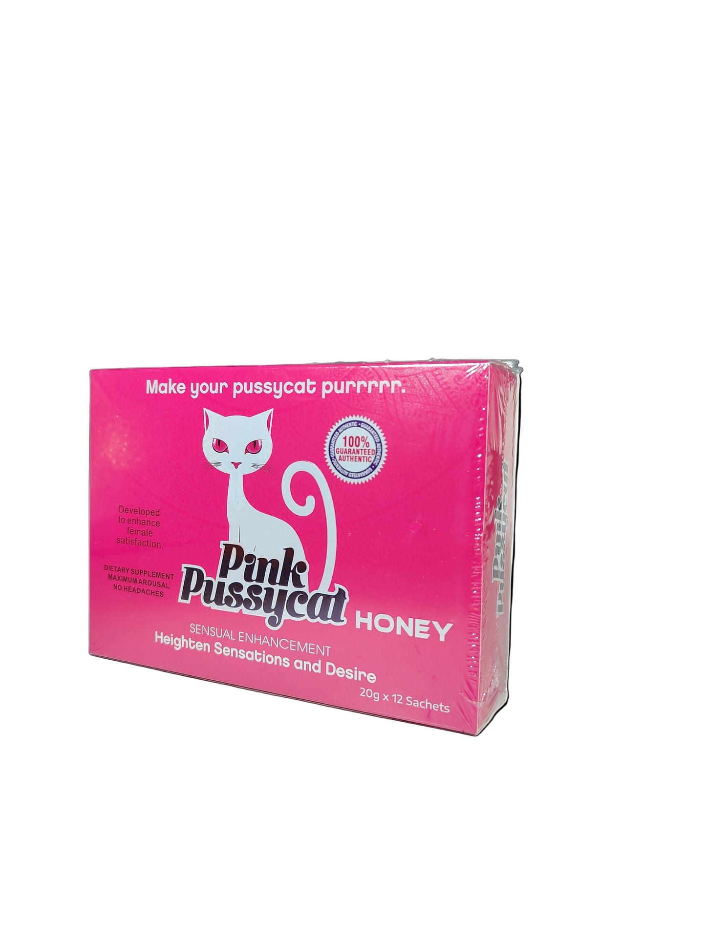 Front view of Pink Pussycat Honey Female enhancement supplement product display box, a premium stamina and energy enhancement.