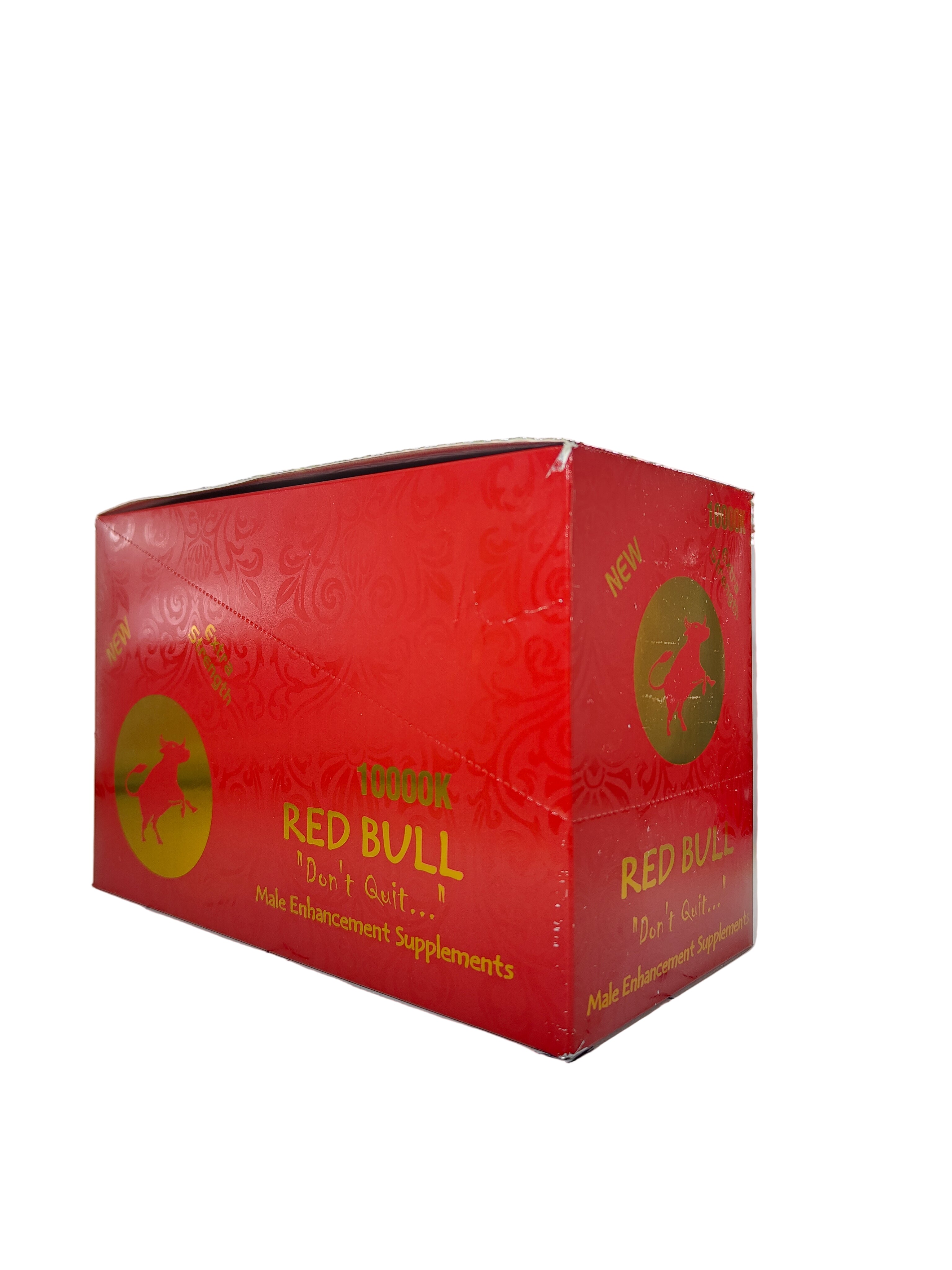 Front view of Red Bull 10000K Duo display box, a male stamina enhancement supplement in pill form.